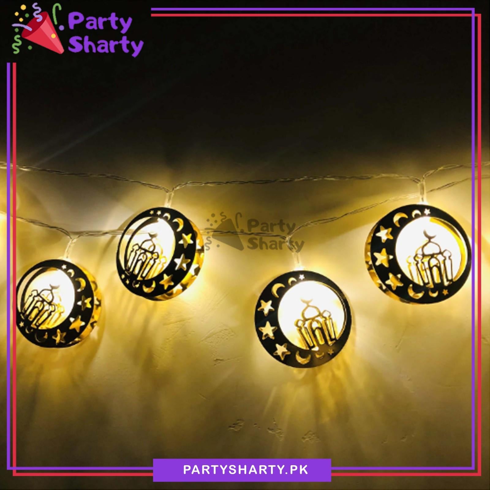 Crescent Round With Mosque Shaped Led Metal Fairy String Lights for Ramadan, Eid Decoration & Celebration (Warm Color)