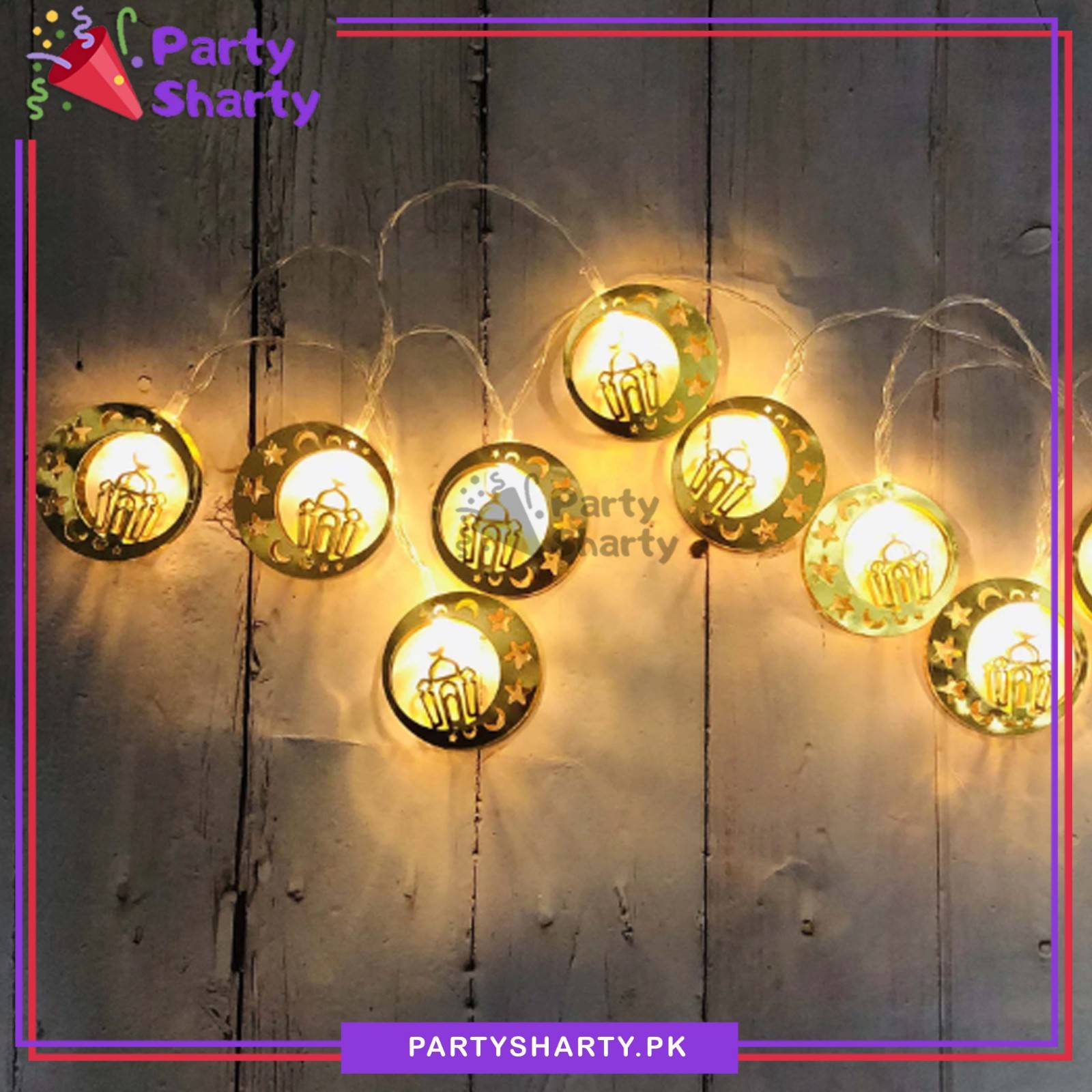Crescent Round With Mosque Shaped Led Metal Fairy String Lights for Ramadan, Eid Decoration & Celebration (Warm Color)
