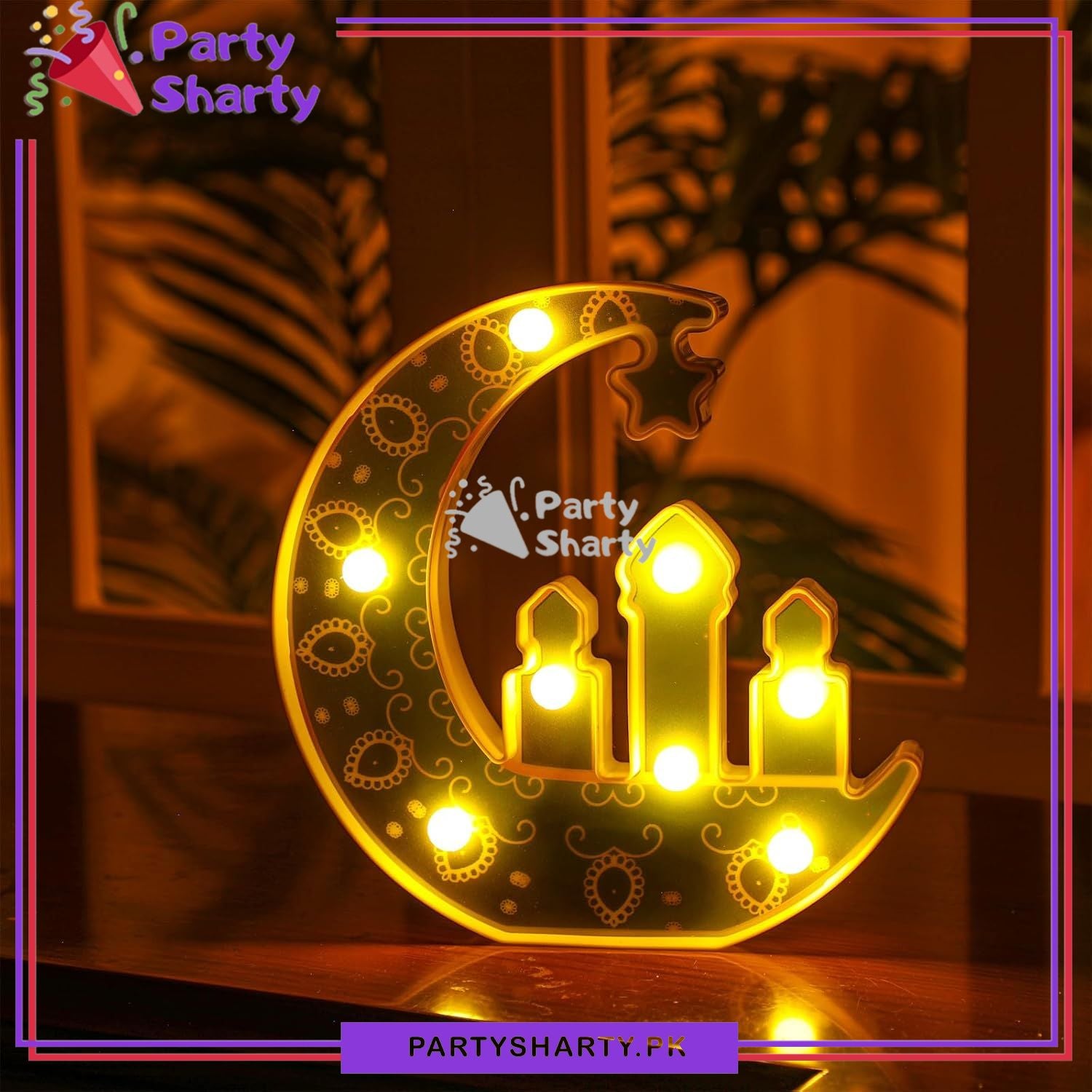Crescent Moon with Hanging Star and Mosque Design Lamp Decorative Led Table Lamp For Ramadan / Eid Decorations