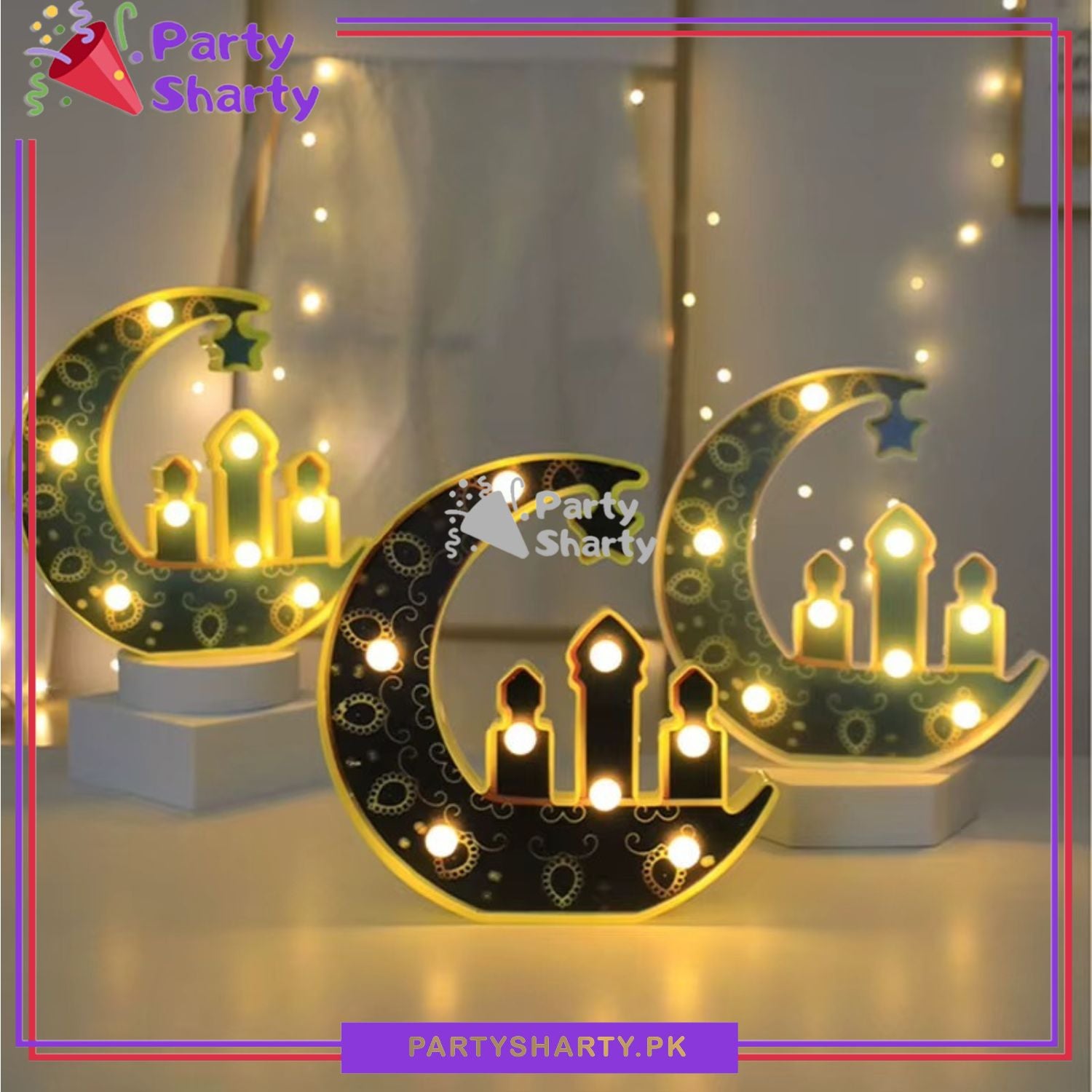 Crescent Moon with Hanging Star and Mosque Design Lamp Decorative Led Table Lamp For Ramadan / Eid Decorations