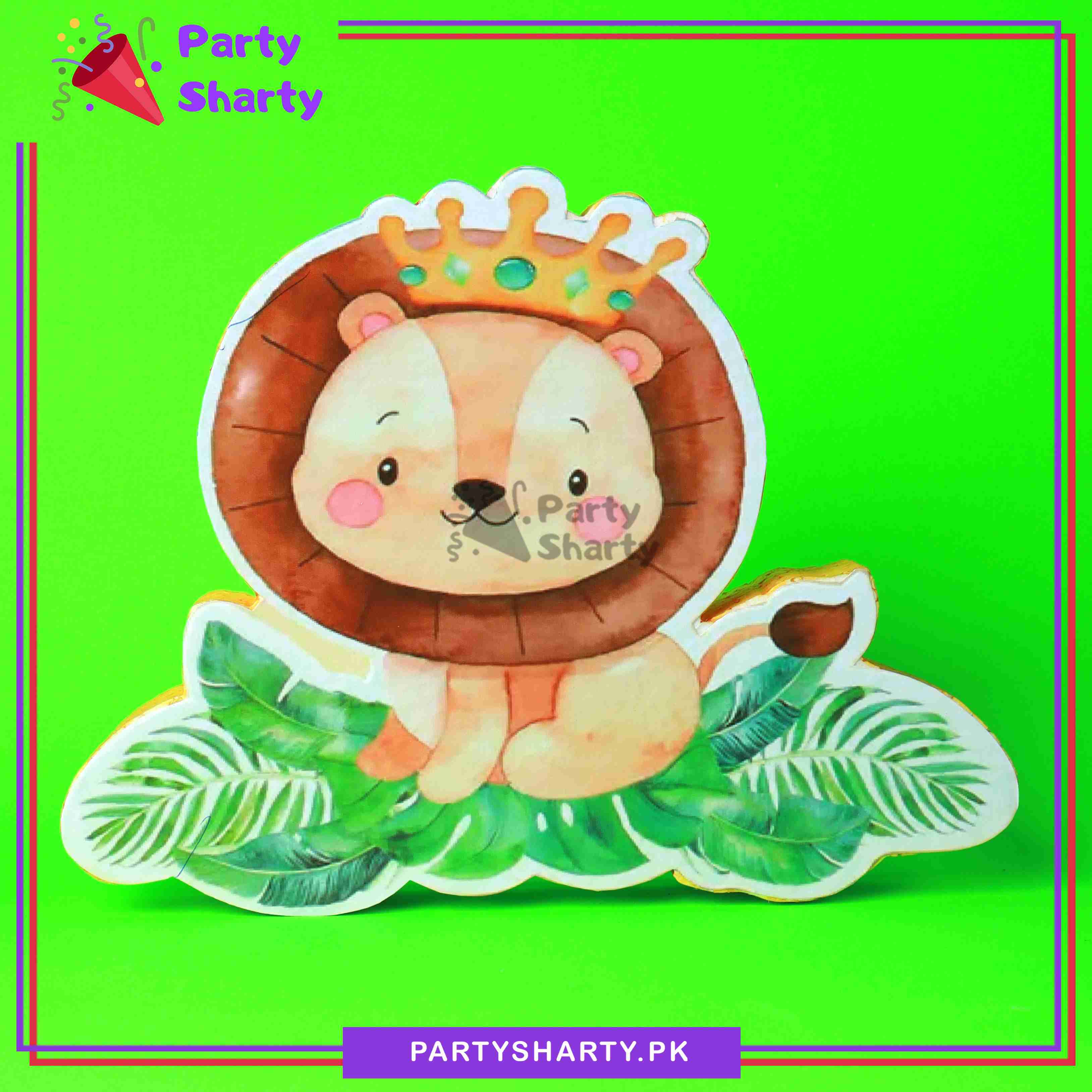 Crown Lion with Leaves Thermocol Standee For Jungle / Safari Theme Based Birthday Celebration and Party Decoration