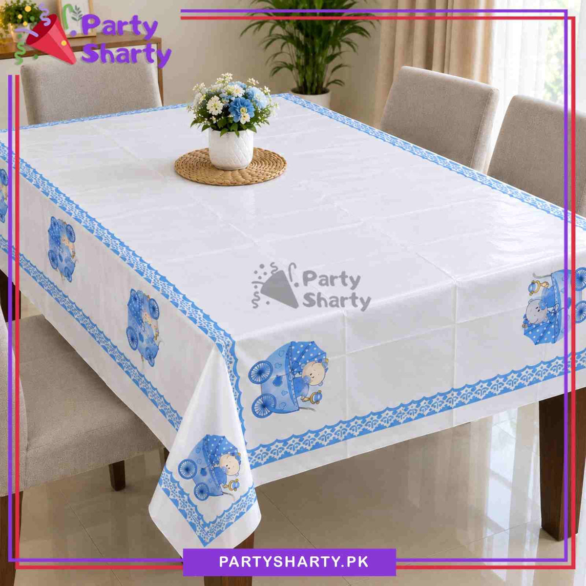 Cute Baby Boy Or Girl in Cart Printed Table Cover For Welcome Baby Table Decoration
