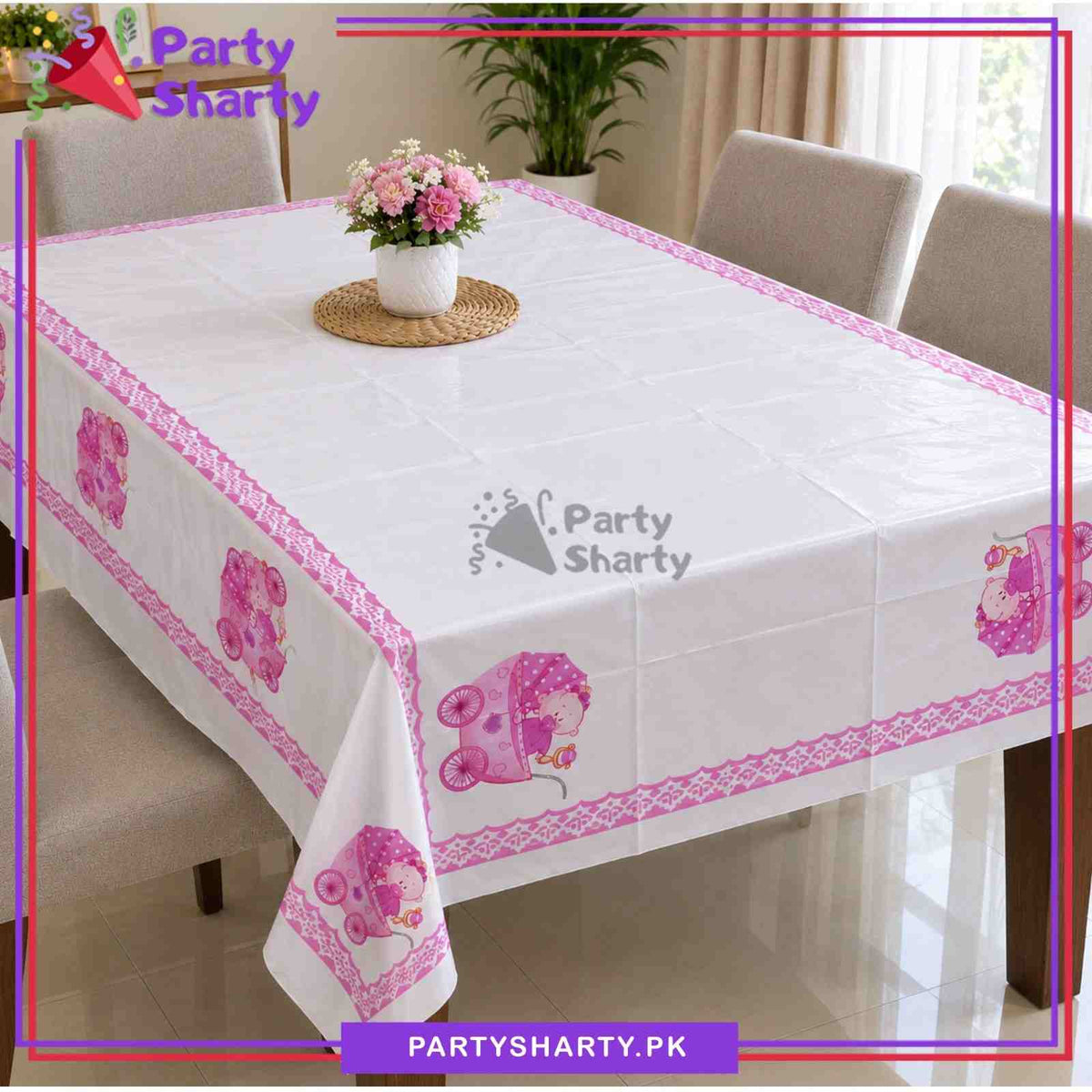 Cute Baby Boy Or Girl in Cart Printed Table Cover For Welcome Baby Table Decoration