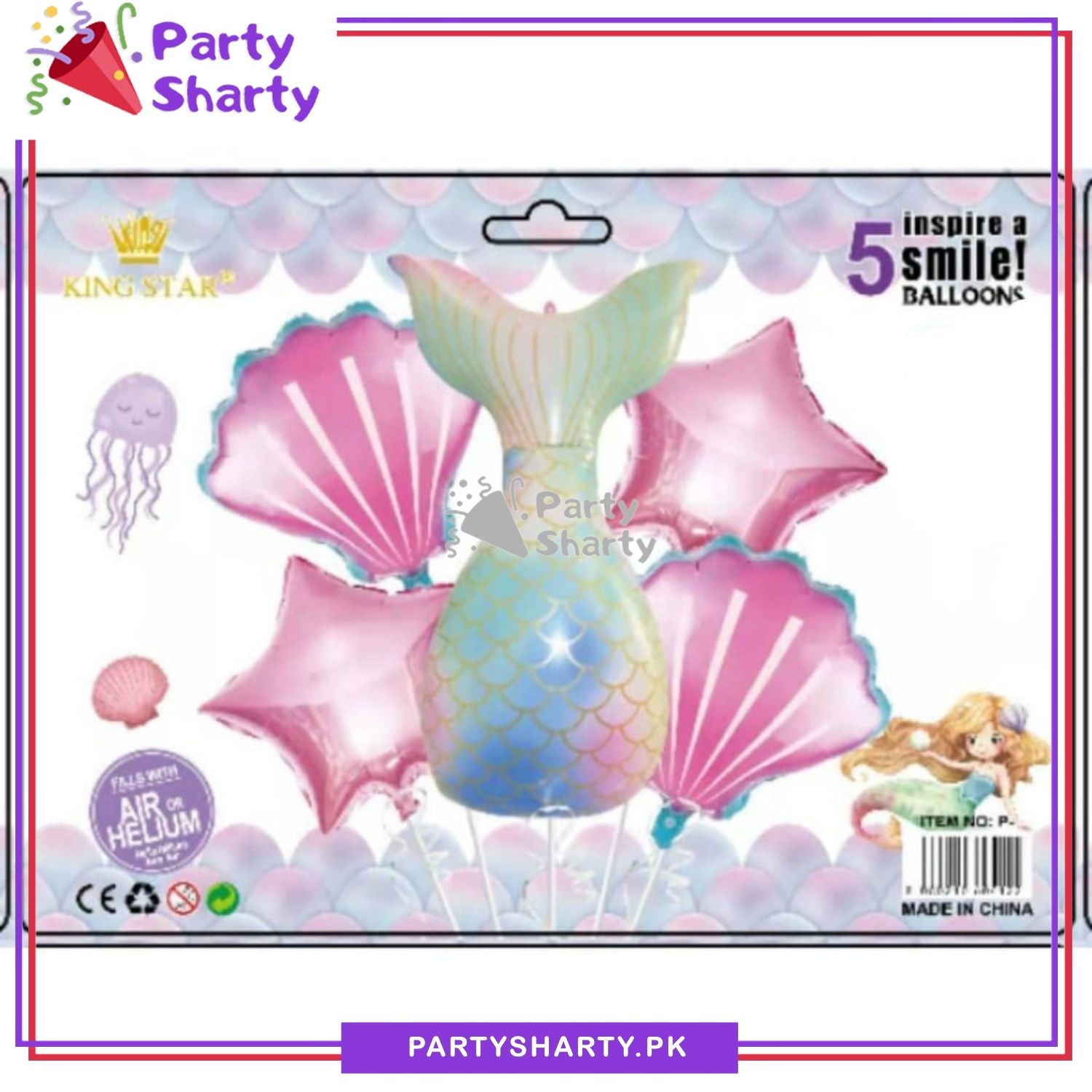 D-1 Mermaid Theme Tail Foil Balloon Set - 5 Pieces For Mermaid & Under the Sea Theme Party and Decoration