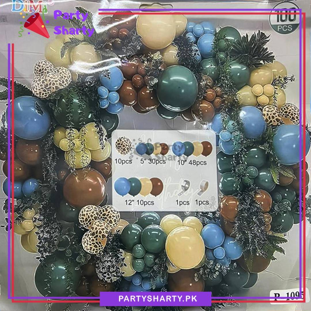 100pcs Sage Green, Dusty Blue, Apricot & Mocha Brown Balloons Garland Arch Set For Jungle / Safari Theme Decoration & Celebration