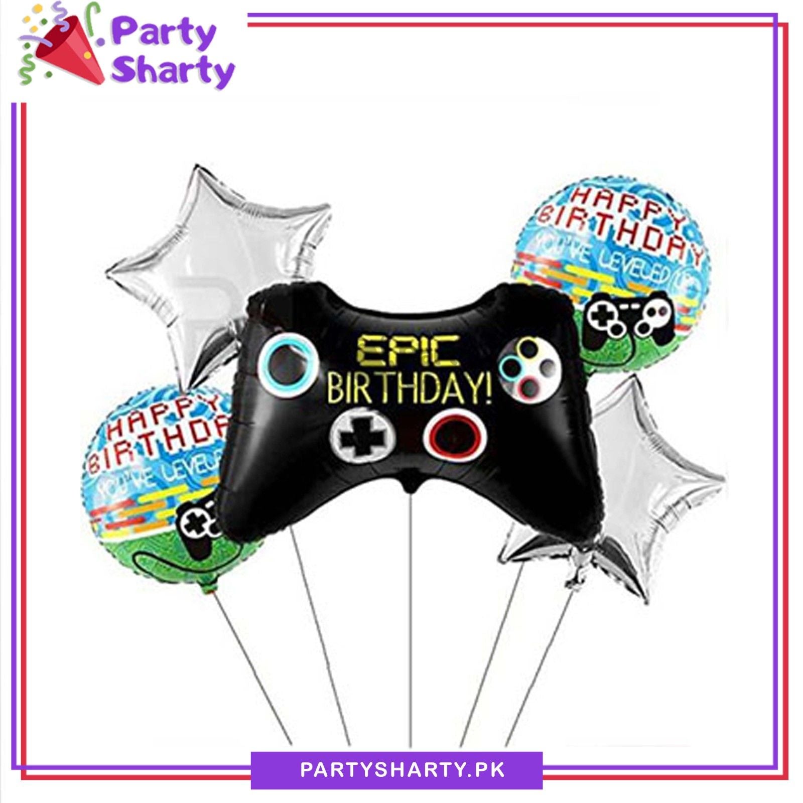 D-2 Black Epic Gamepad Foil Balloon Set of 5 For Gaming Theme Birthday Decoration & Celebration
