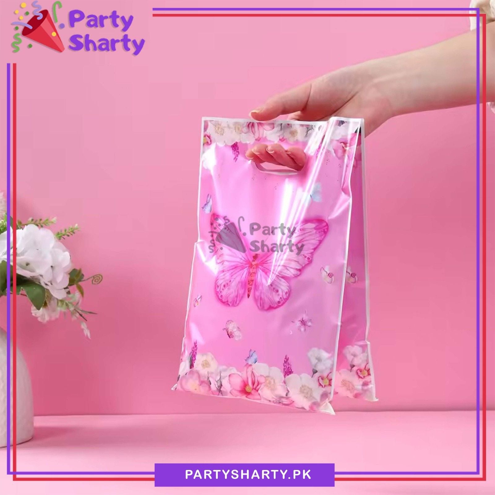 D-2 Pink Butterfly Theme Goody Bags Pack of 10 For Butterfly Theme Party Gift Favor Bags