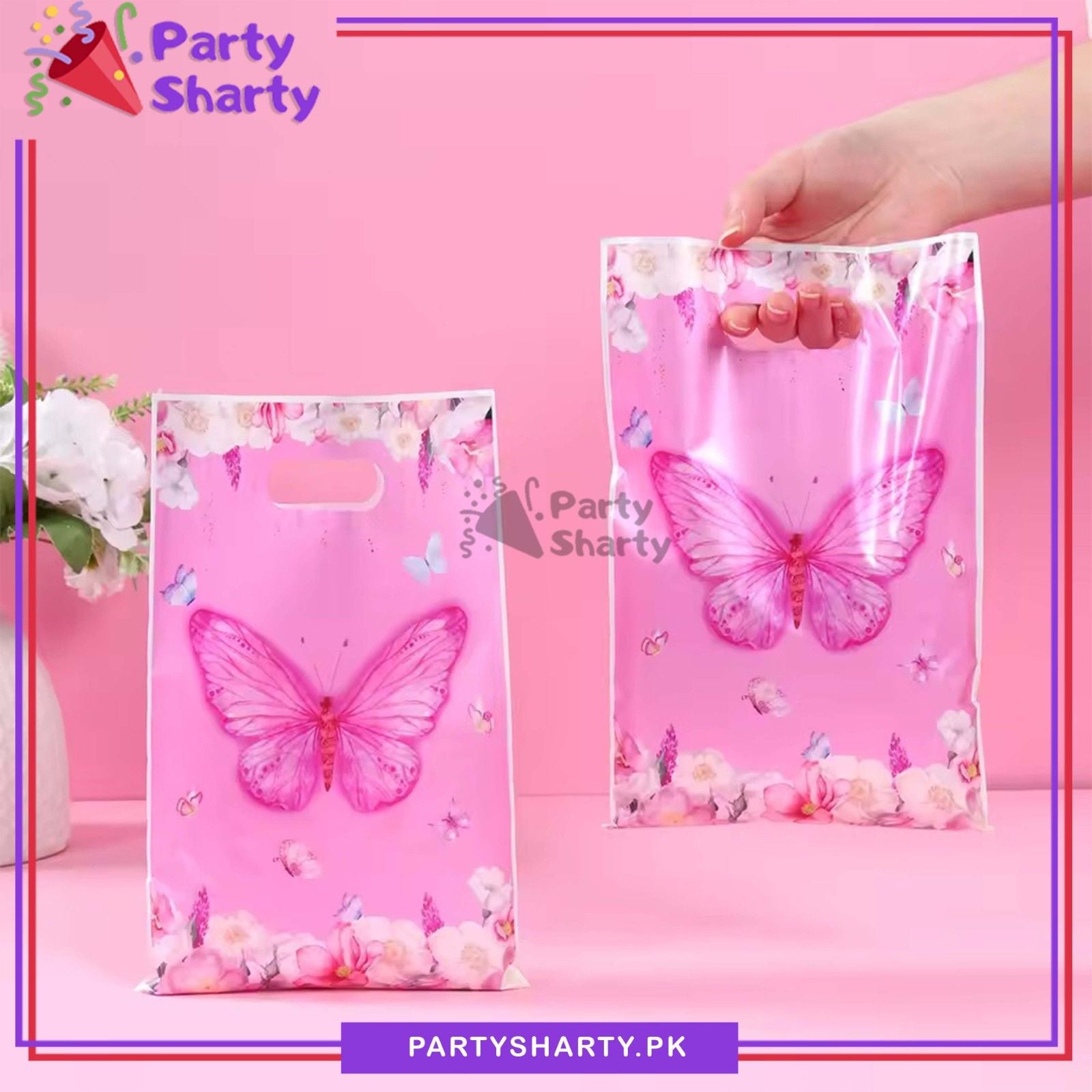 D-2 Pink Butterfly Theme Goody Bags Pack of 10 For Butterfly Theme Party Gift Favor Bags