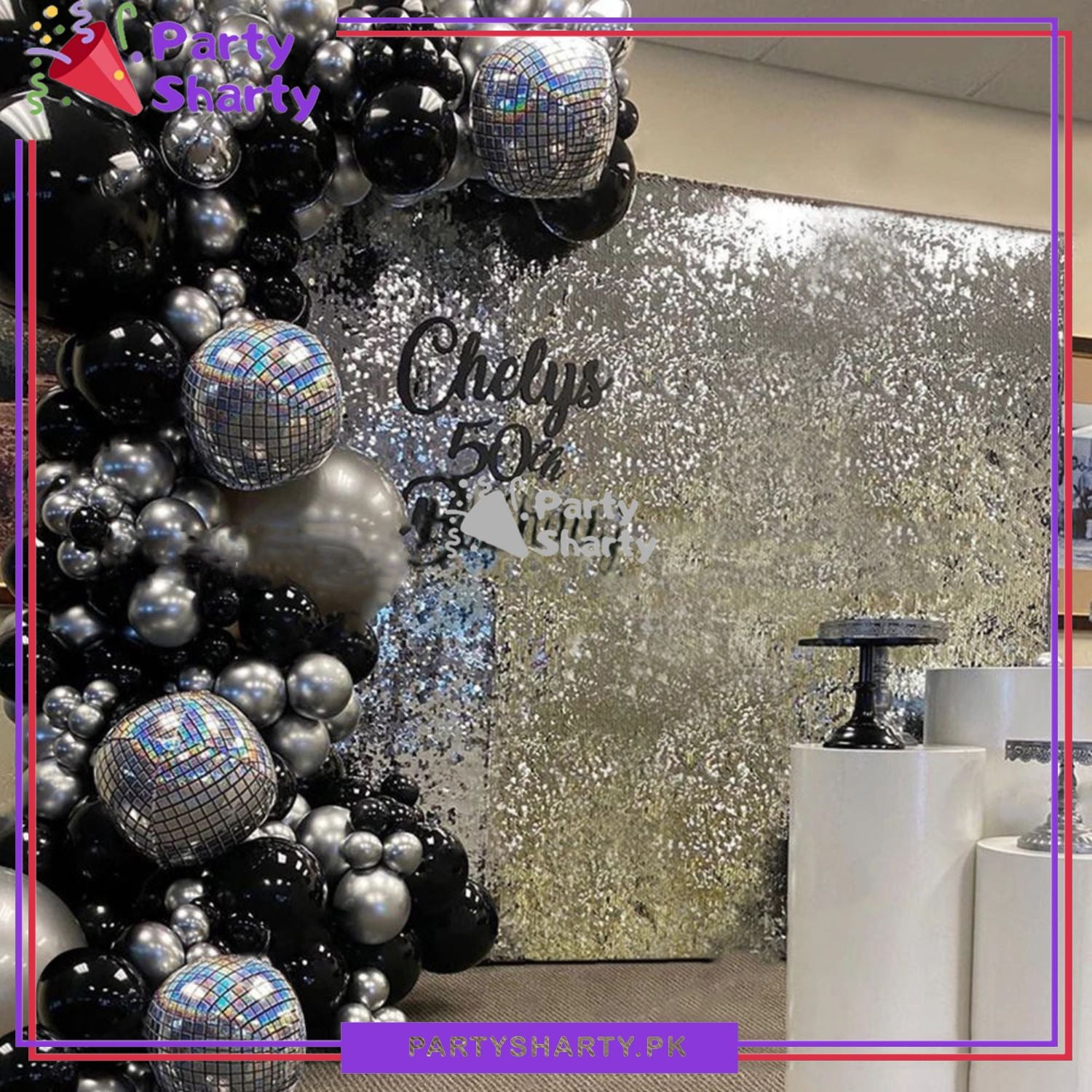 D-2 100pcs Black & Metallic Silver with Diso Orbz Balloon Garland Arch Kit For Party Event Decoration