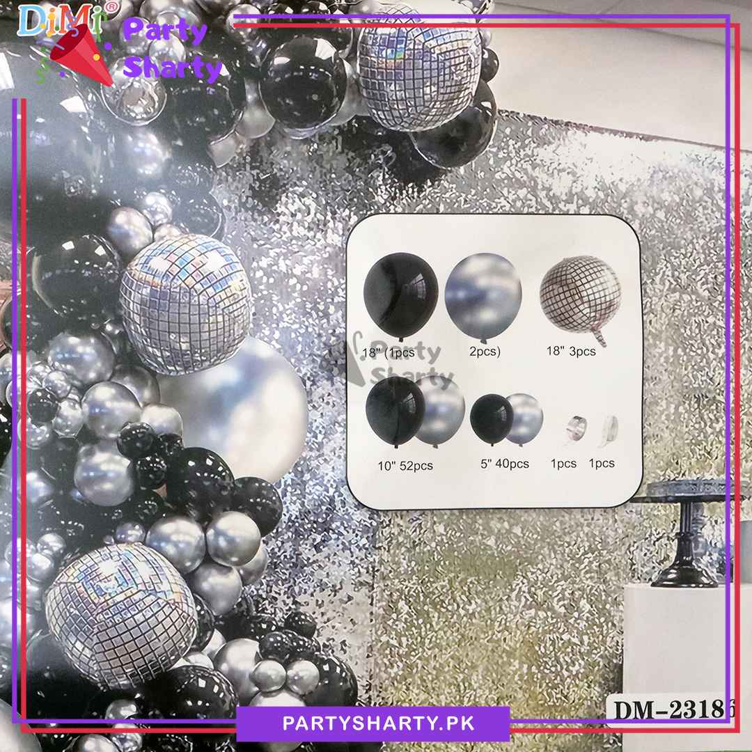 D-2 100pcs Black & Metallic Silver with Diso Orbz Balloon Garland Arch Kit For Party Event Decoration