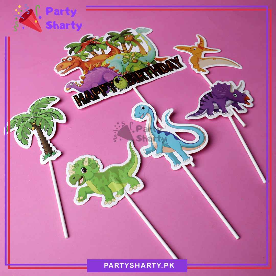 D-2 Dinosaur Theme Cake Topper Set of 6 for Dinosaur Theme Birthday Decoration and Celebration