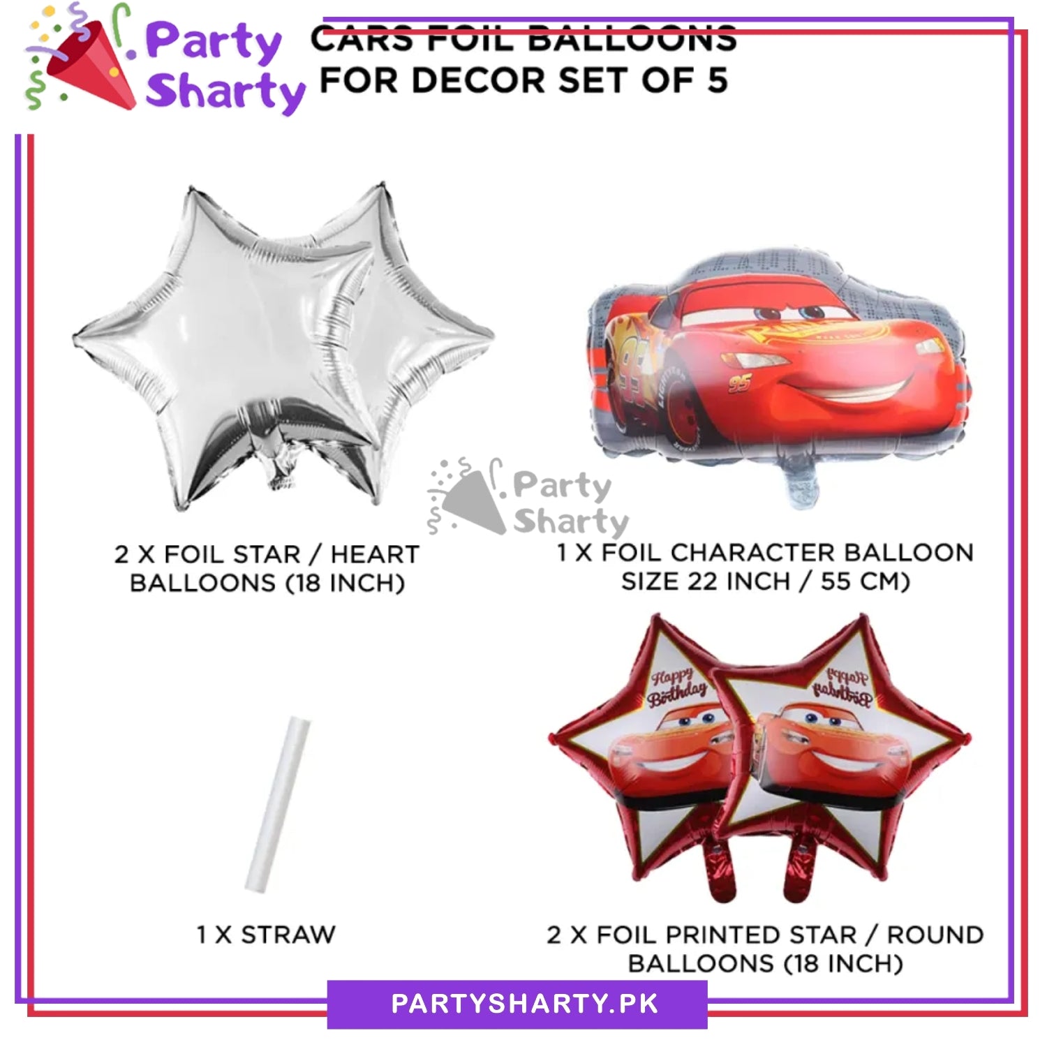 D-1 Lightning McQueen Cars Cartoon Foil Balloon Set - 5 Pieces For Birthday Party