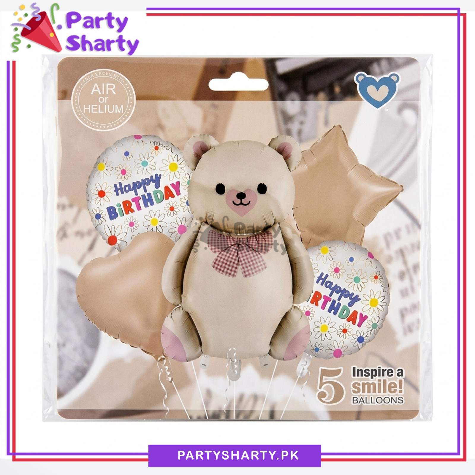 D-4 5pcs Vintage Teddy Bear Foil Balloons Set For Theme Decoration & Celebration