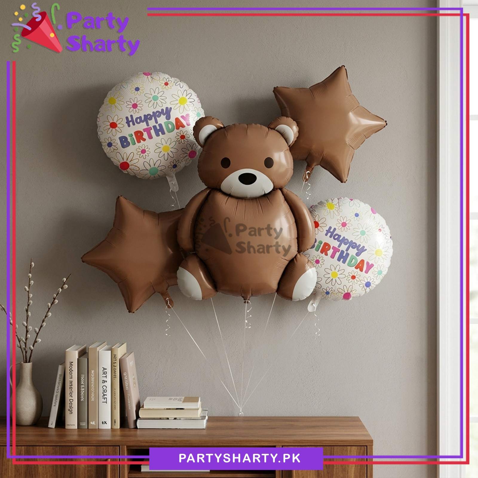 D-5 5pcs Vintage Teddy Bear Foil Balloons Set For Theme Decoration & Celebration