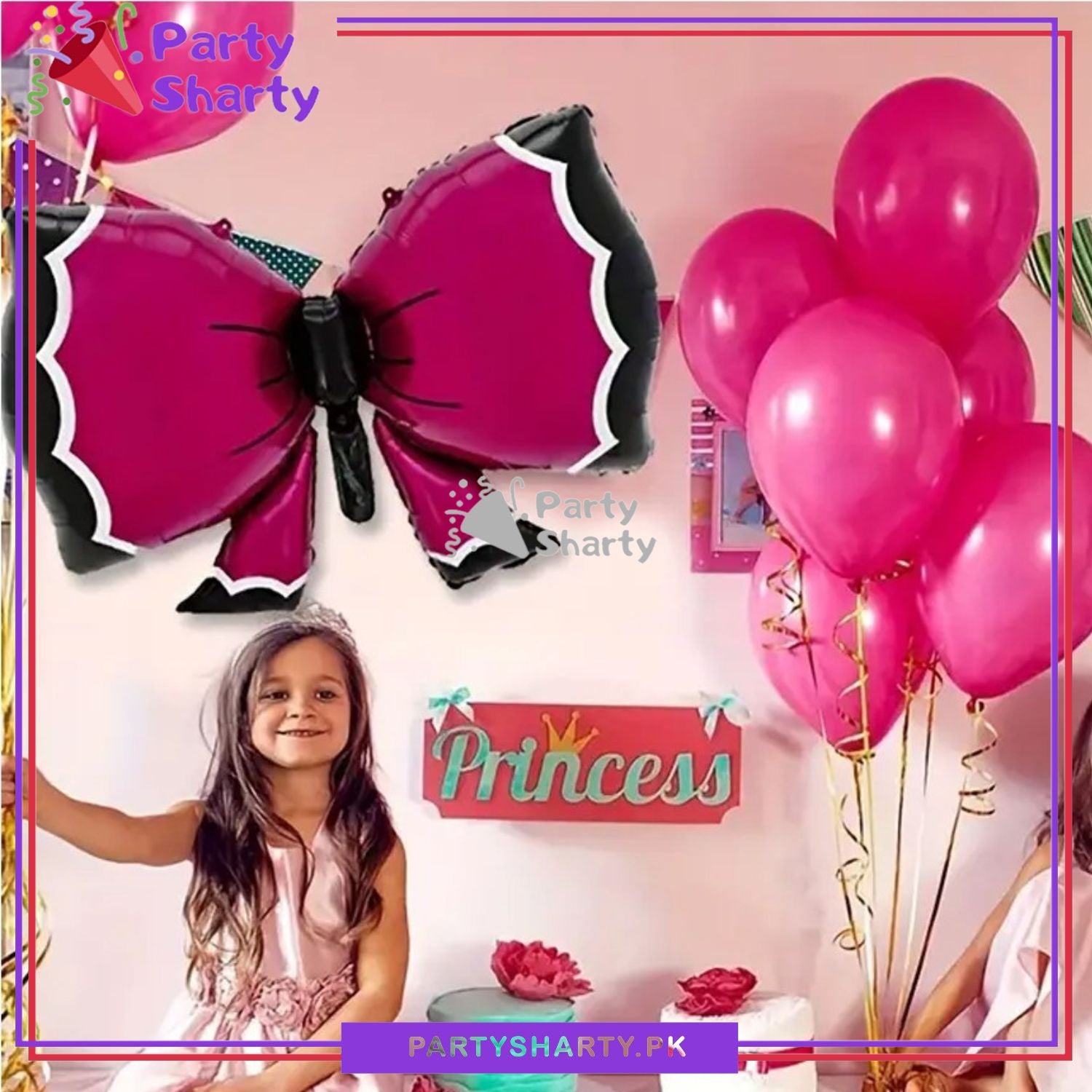 Dark Pink & Black Bow Shaped Foil Balloons For Birthday, Welcome Baby Party Decoration and Celebration