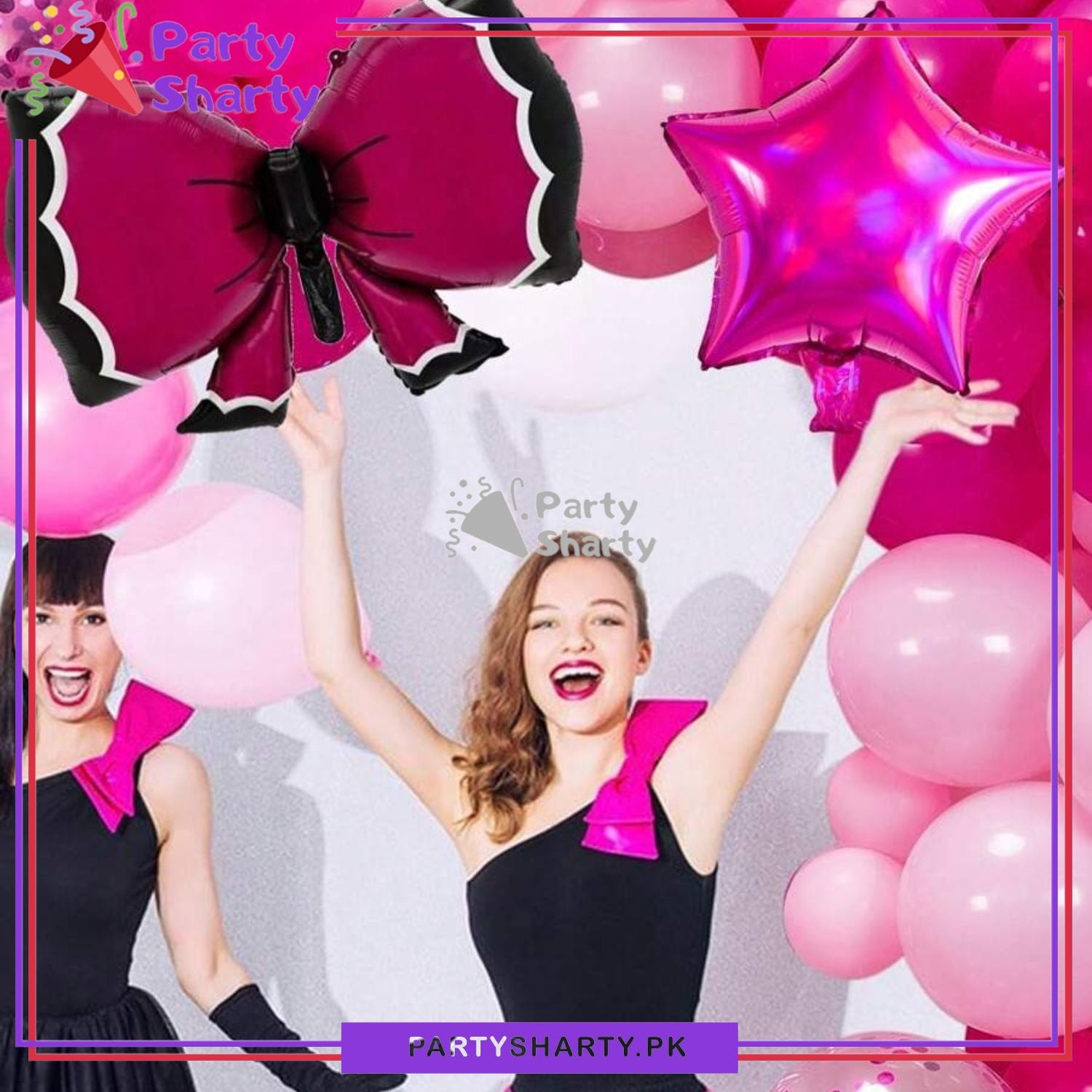Dark Pink & Black Bow Shaped Foil Balloons For Birthday, Welcome Baby Party Decoration and Celebration