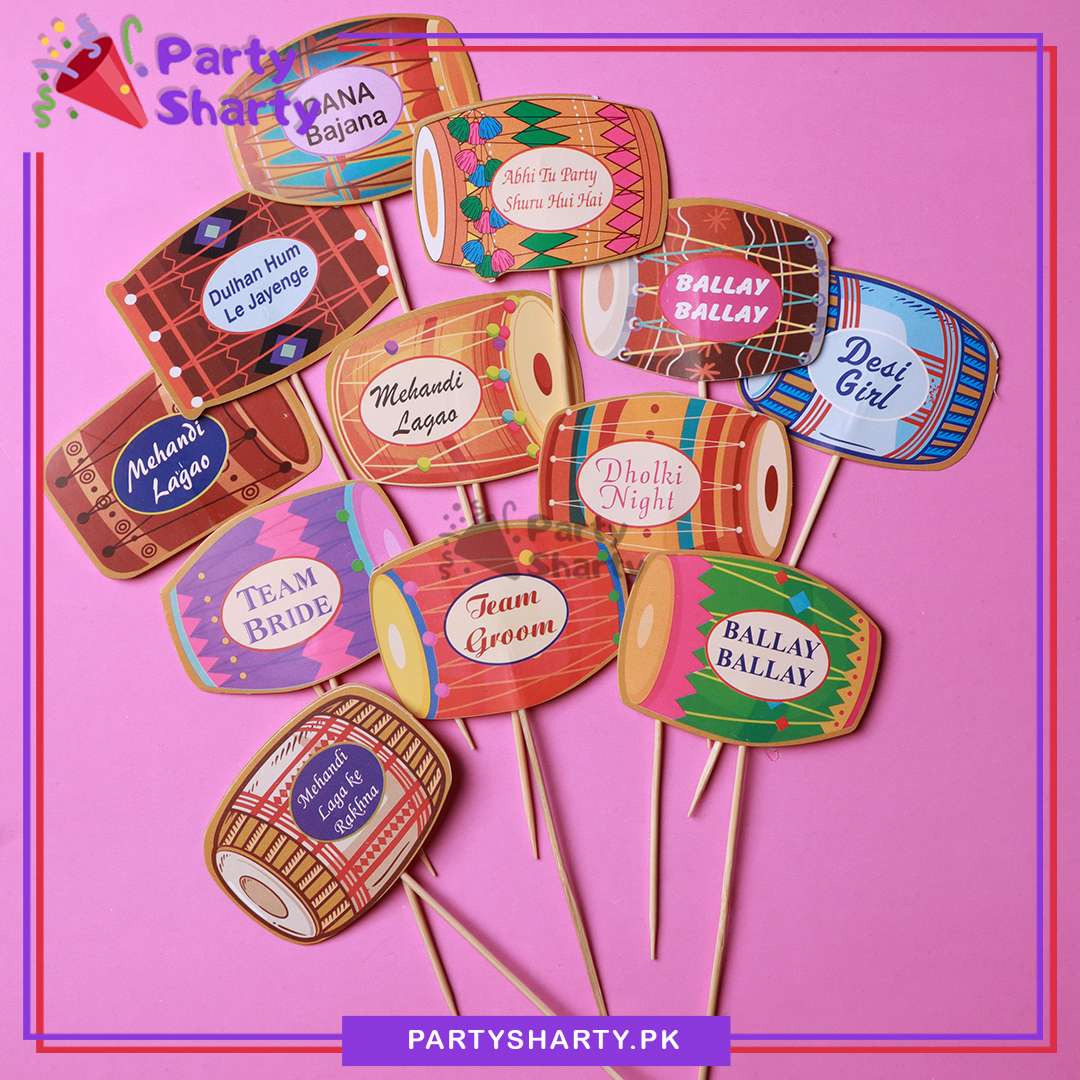 Mixed Design Dholki Theme Cup Cake / Mithai Topper For Dholki Theme Party and Decoration