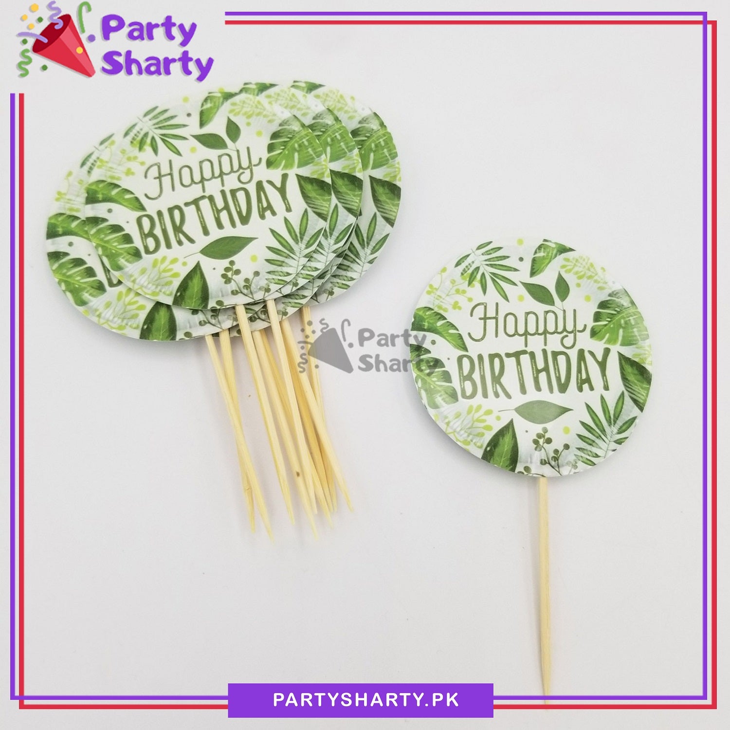 Happy Birthday Green Leaves Printed Cup Cake Topper For Jungle Theme Party and Decoration