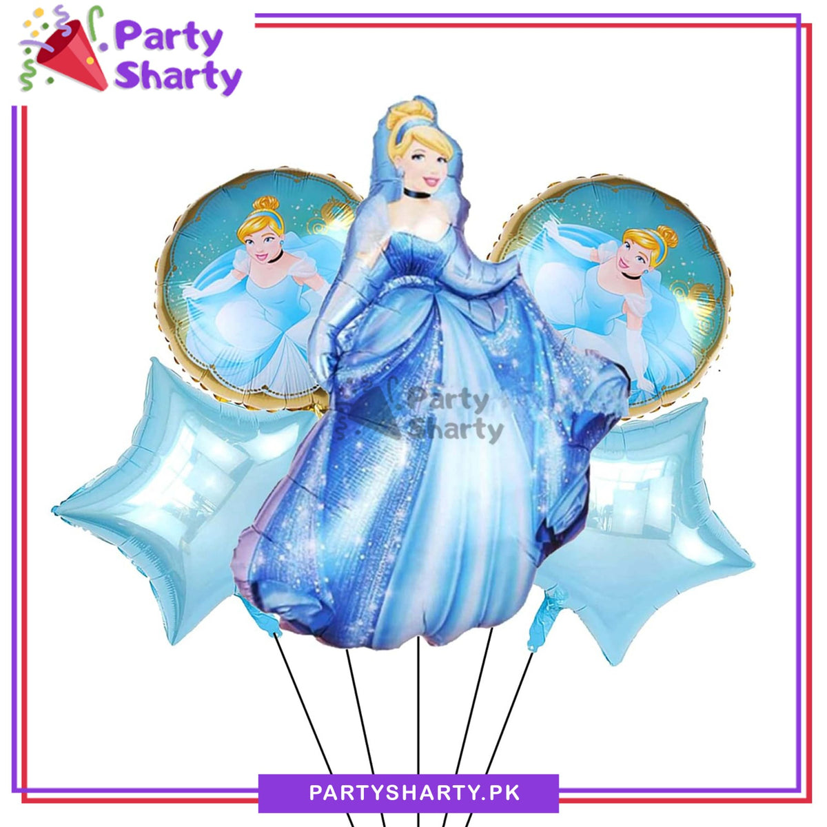 Disney Cinderella Foil Balloon Set - 5 pcs Set For Disney Theme Birthday Decoration and Celebration