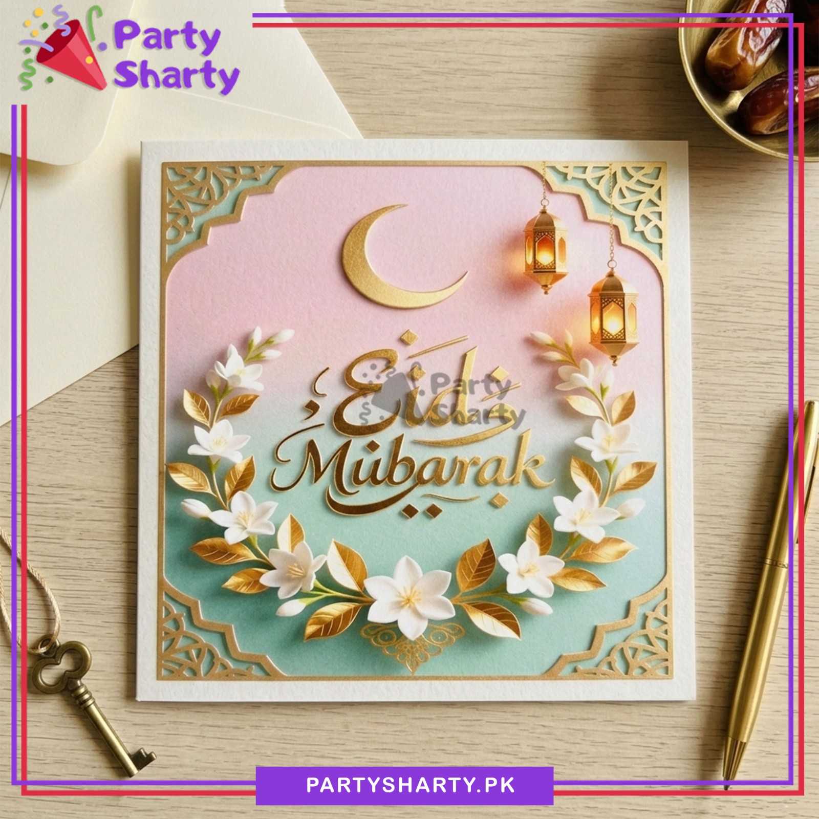 Eid Mubarak Floral with Moon & Lantern Printed Design Greeting Card