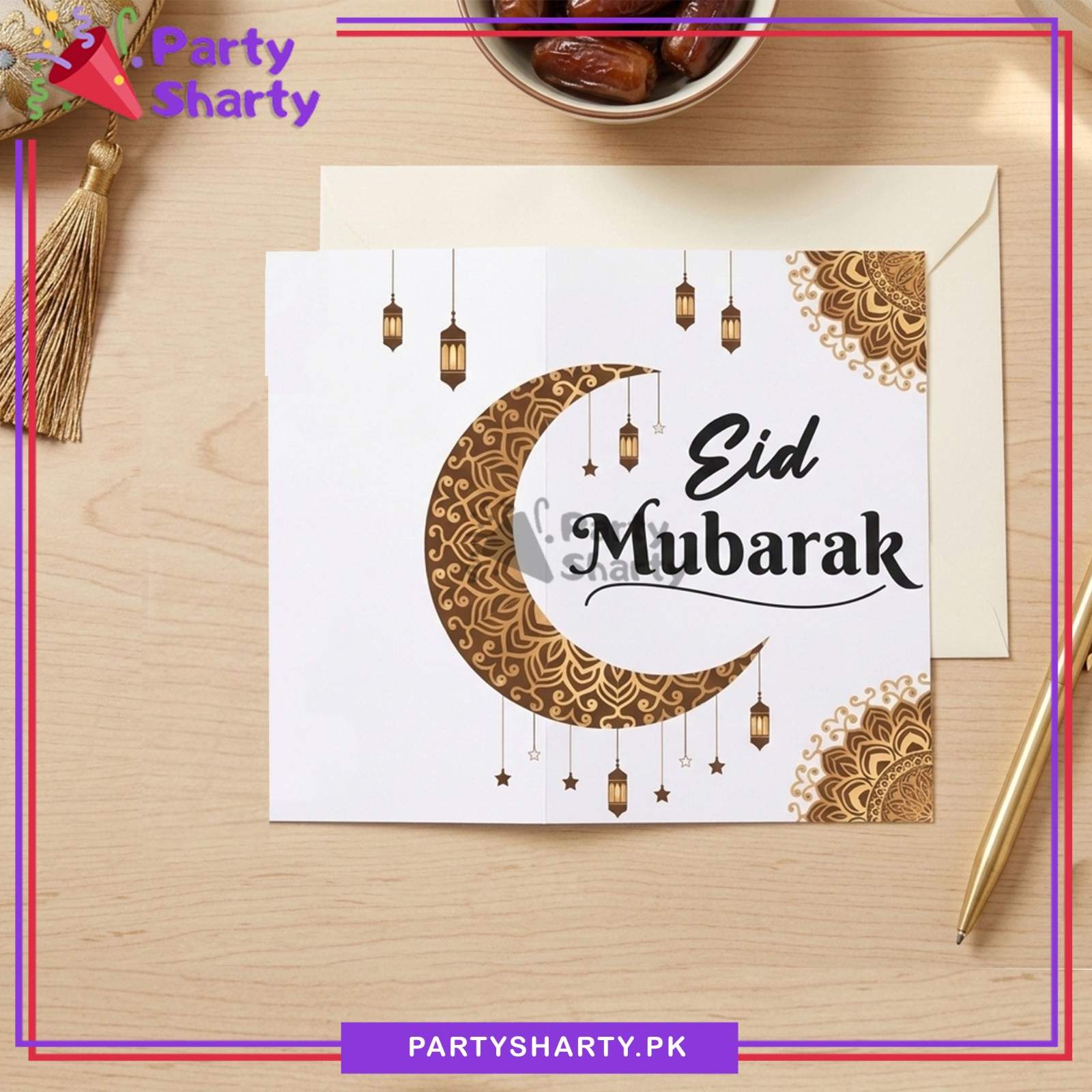 Eid Mubarak Geometrical Crescent Moon With Lantern Printed Greeting Card