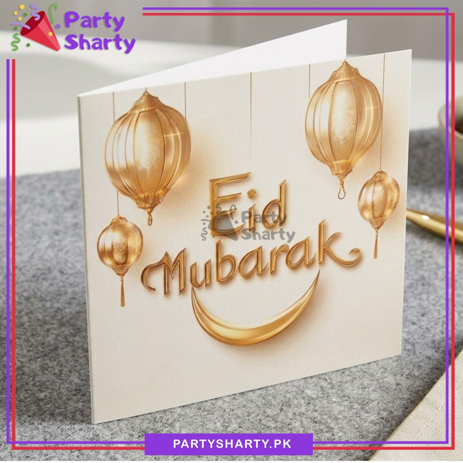 Eid Mubarak Golden Crescent Moon With Lantern Printed Design Greeting Card