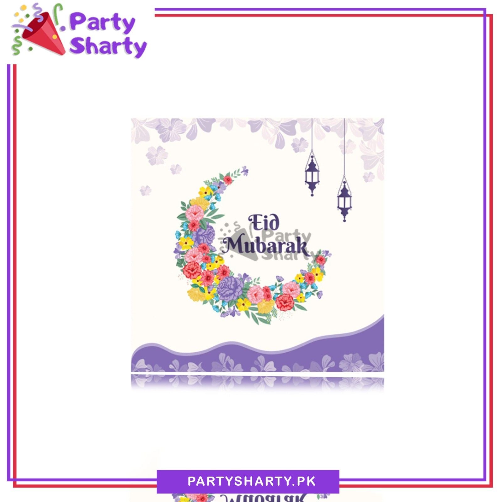 Eid Mubarak Multi Flowers Crescent Moon Printed Design Greeting Card