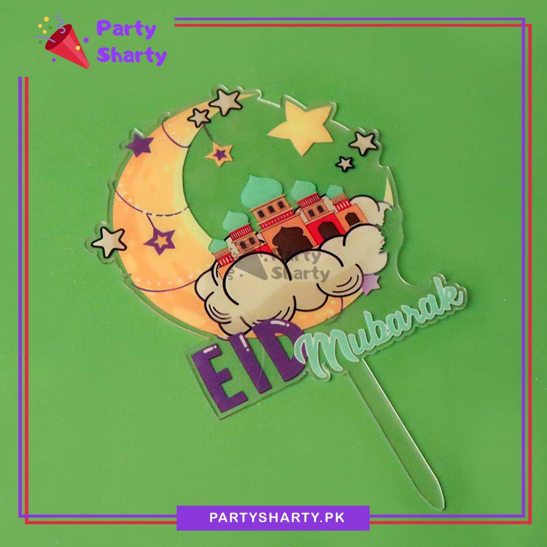 Eid Mubarak Crescent, Star, Cloud with Mosque Printed Cake topper for Eid Decoration and Celebration