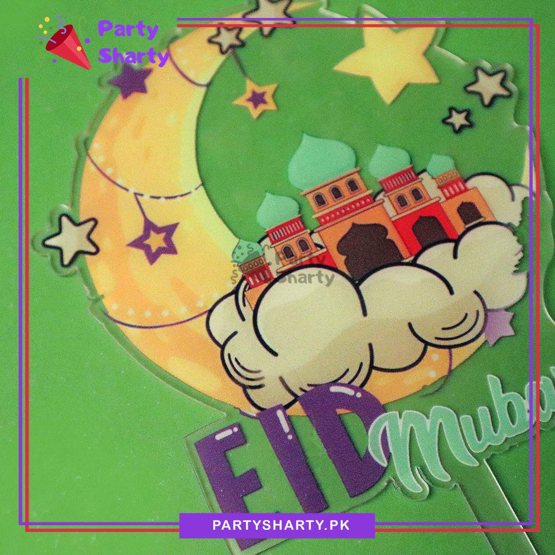 Eid Mubarak Crescent, Star, Cloud with Mosque Printed Cake topper for Eid Decoration and Celebration