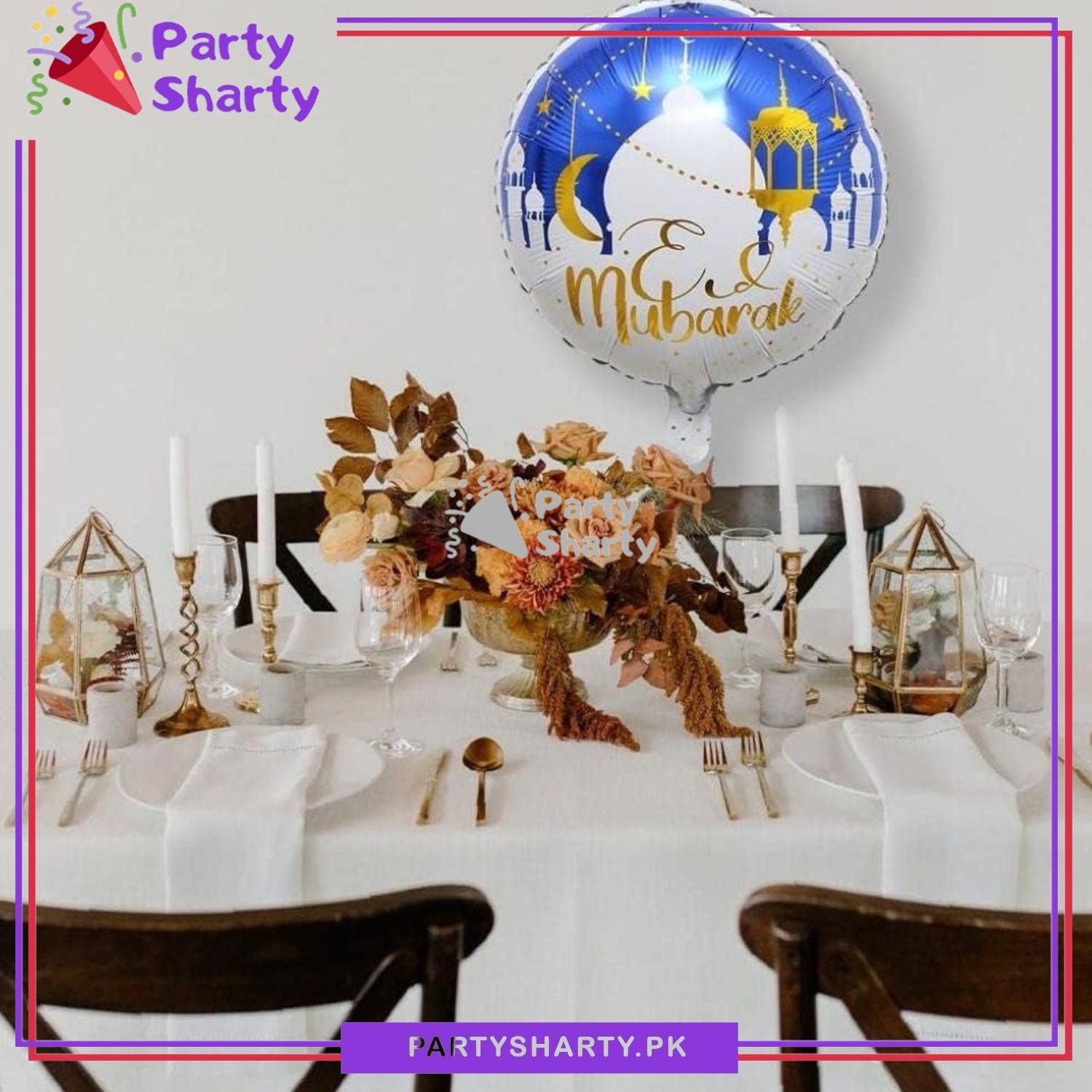 Eid Mubarak Light Blue & White Round Foil Balloon For Eid Milan Party Decoration and Celebration