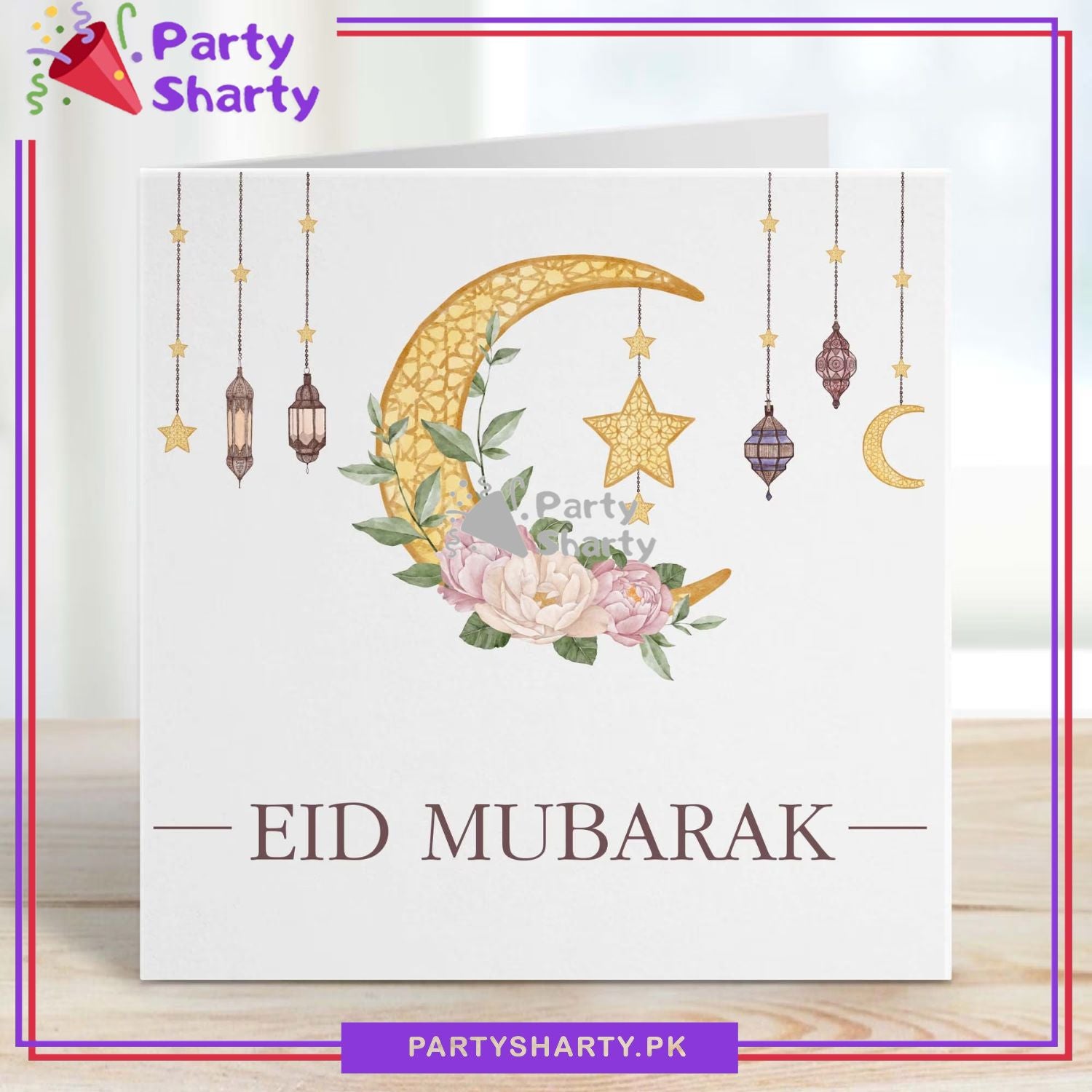 Eid Mubarak Moon, Star, Lantern & Floral Design Greeting Card