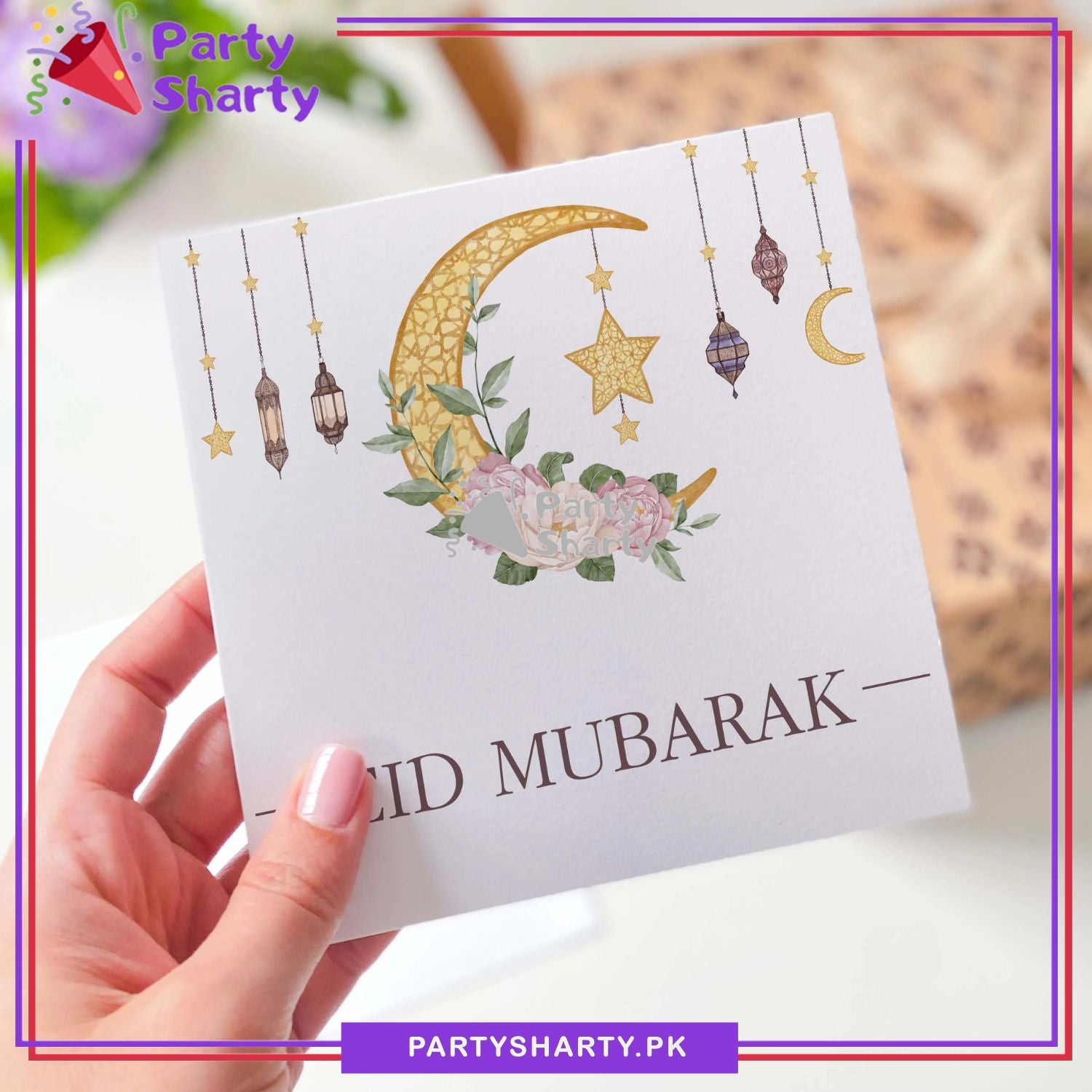 Eid Mubarak Moon, Star, Lantern & Floral Design Greeting Card