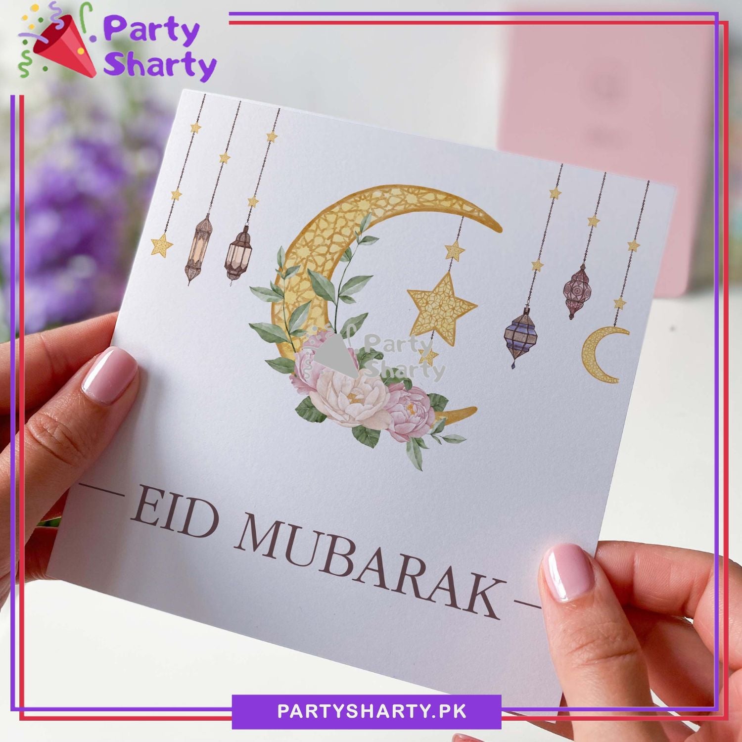 Eid Mubarak Moon, Star, Lantern & Floral Design Greeting Card