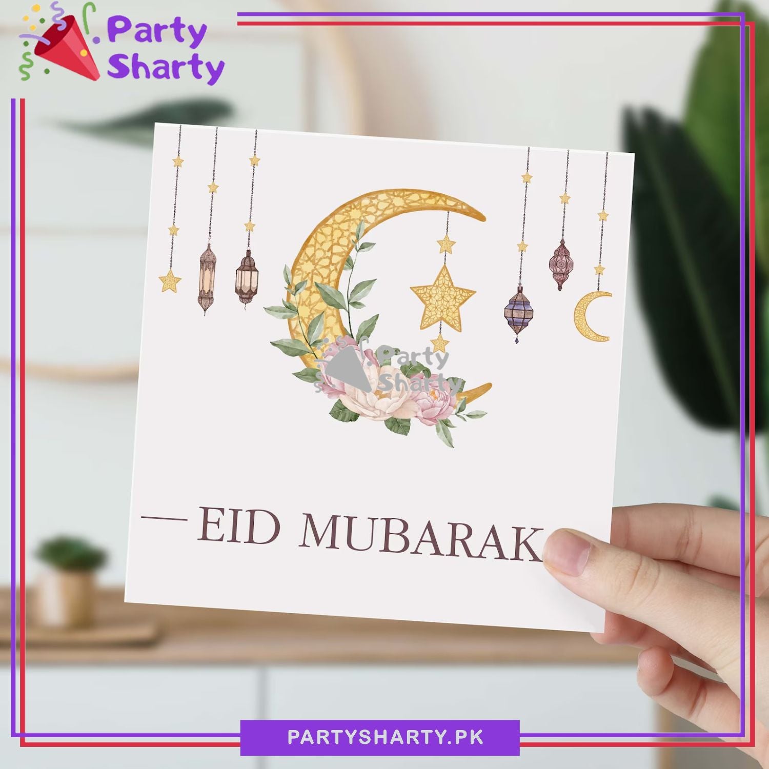 Eid Mubarak Moon, Star, Lantern & Floral Design Greeting Card