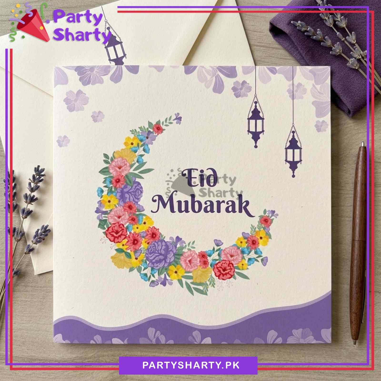 Eid Mubarak Multi Flowers Crescent Moon Printed Design Greeting Card