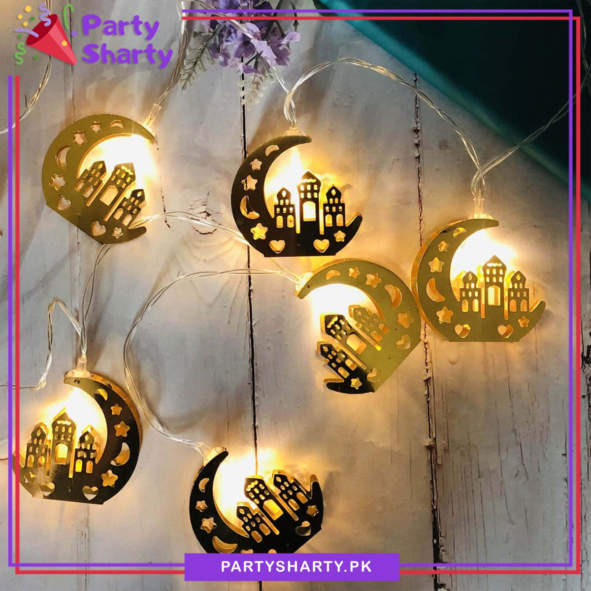 Crescent String Electric Operated Golden Crescent With Masjid Shaped Metal LED String ...