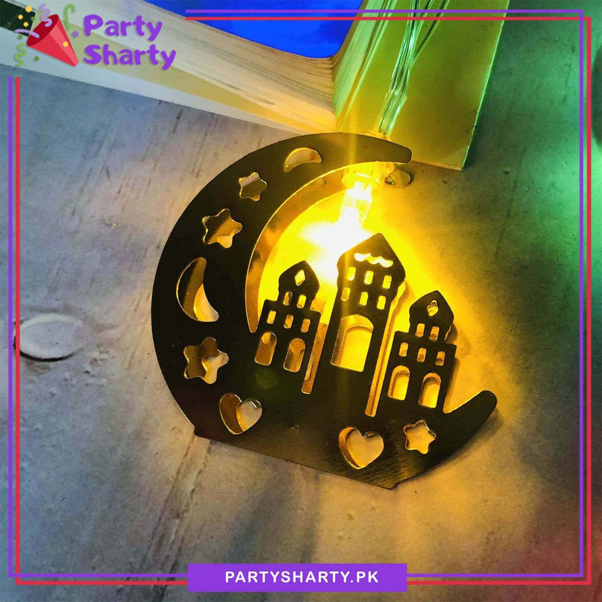 Crescent String Electric Operated Golden Crescent With Masjid Shaped Metal LED String ...