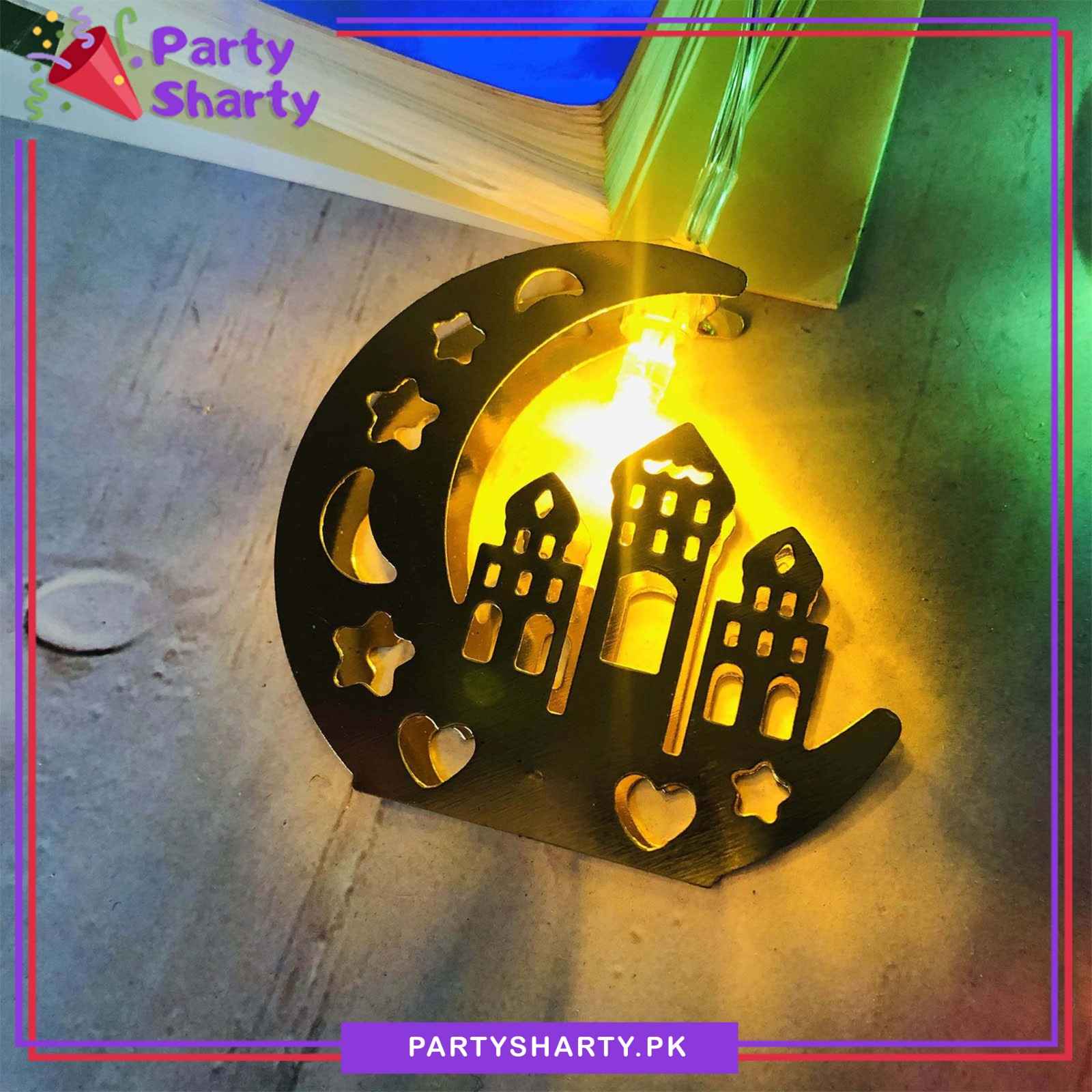Electric Operated Golden Crescent With Masjid Shaped Metal LED String Lights For Ramadan Festival and Celebration
