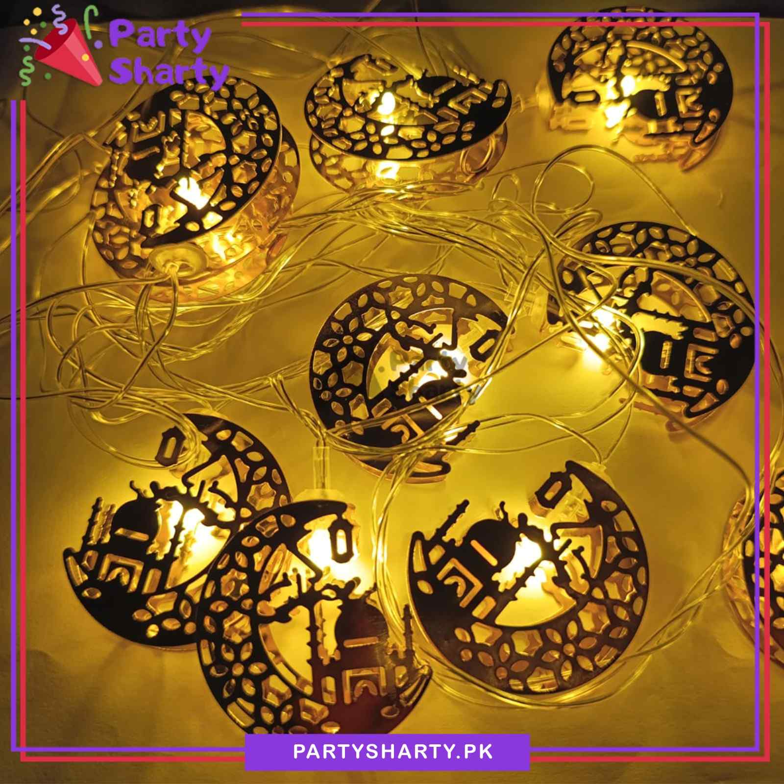 Electric Operated Crescent with Mosque Shaped Metal String Fairy Lights For Ramadan / Eid Decoration