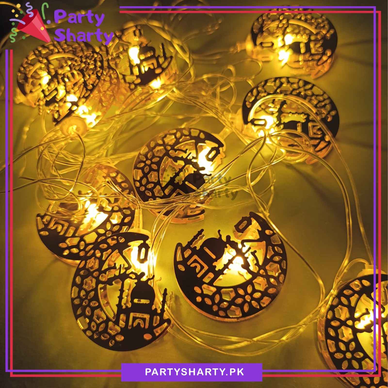 Electric Operated Crescent with Mosque Shaped Metal String Fairy Lights For Ramadan / Eid Decoration