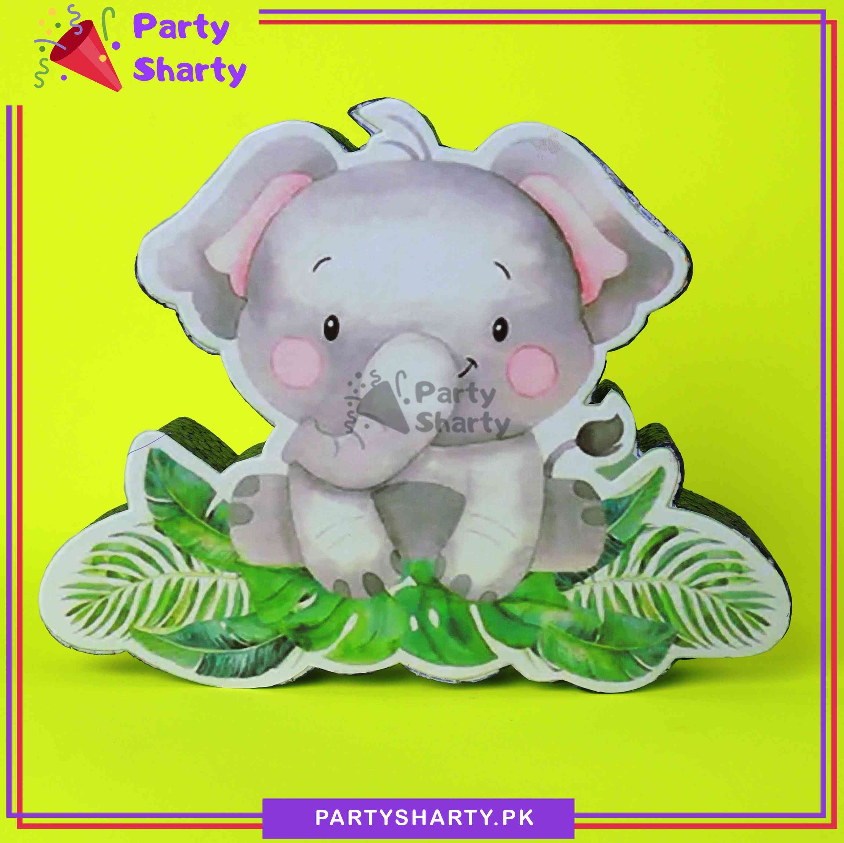 Elephant Character with Leaves Thermocol Standee For Elephant Theme Based Birthday Celebration and Party Decoration