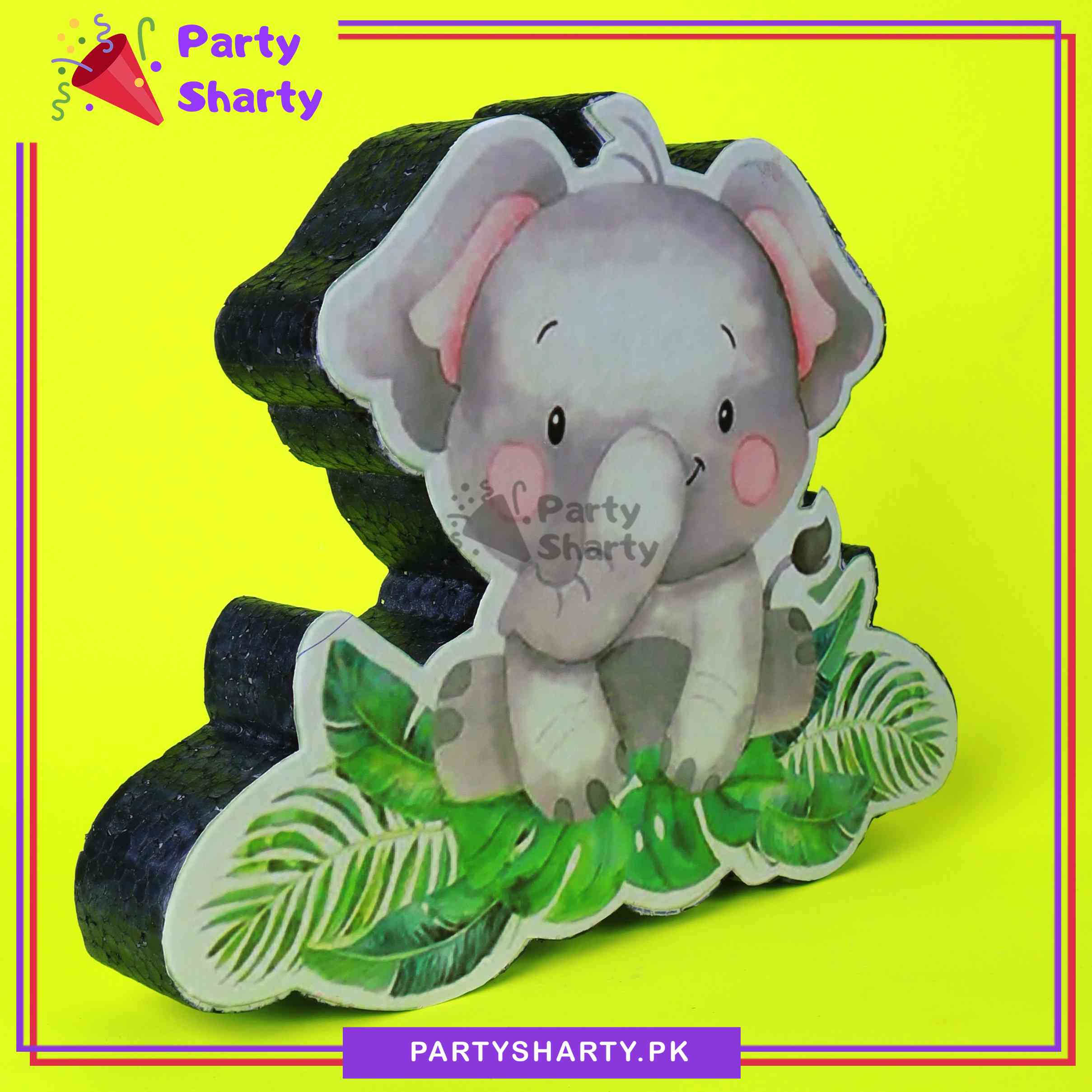 Elephant Character with Leaves Thermocol Standee For Elephant Theme Based Birthday Celebration and Party Decoration