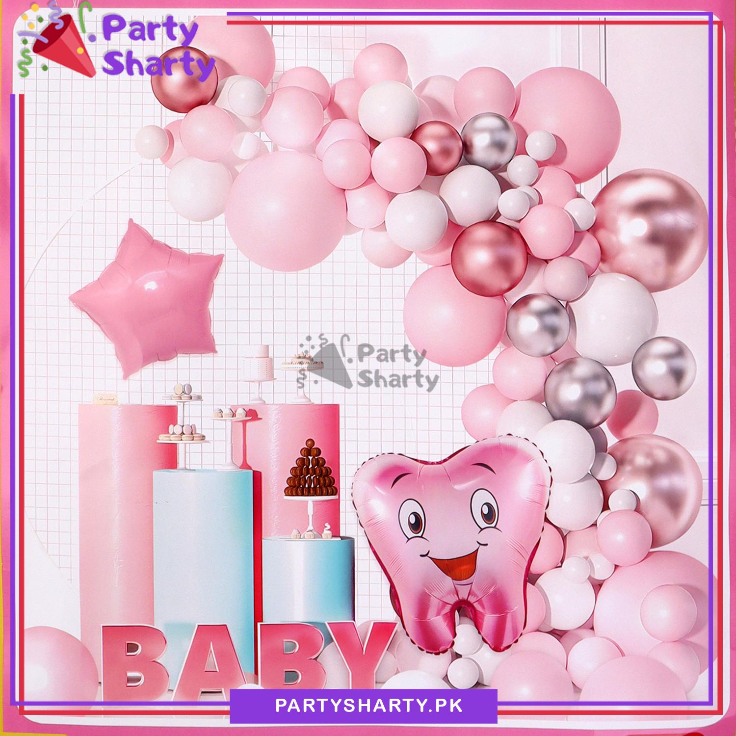 85pcs Pink First Tooth Balloons Theme Set For First Tooth Party Decoration and Celebration