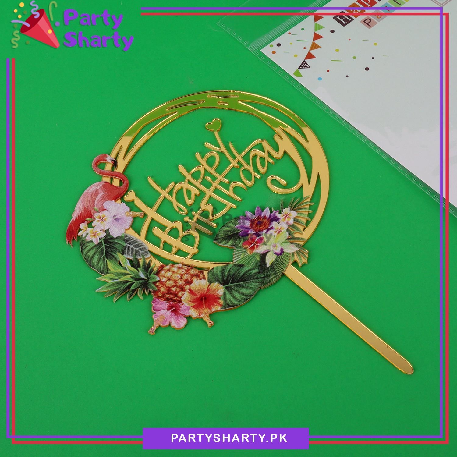 Happy Birthday Flamingo Theme Round Acrylic Cake Topper for Tropical Theme Based Party Decoration And Celebration