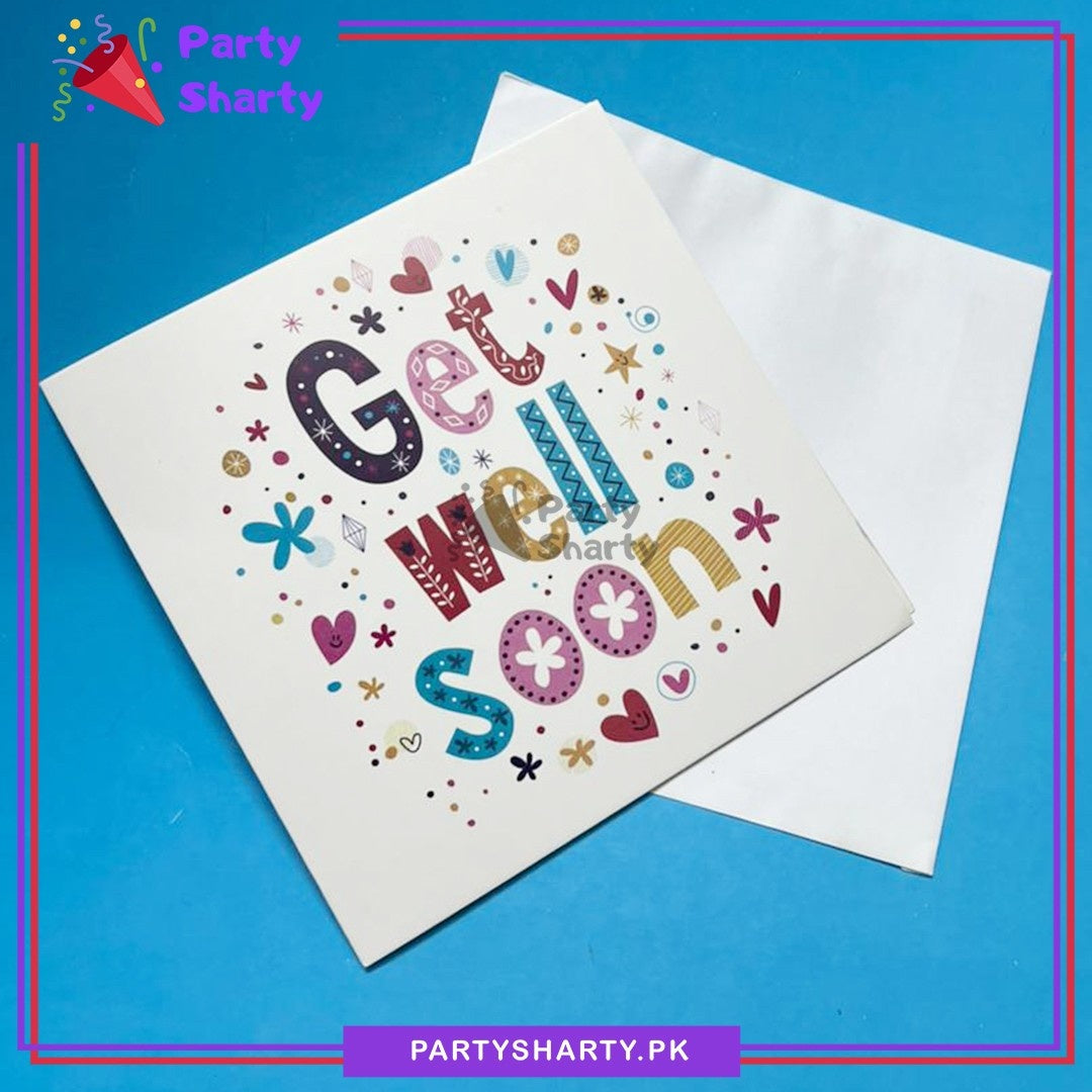 Get Well Soon Multi Color mini Stars & Hearts Printed Design Greeting Card