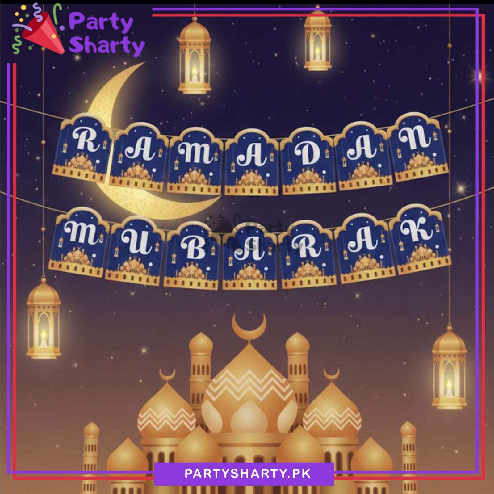Golden Foil border Printed Blue Ramadan Mubarak Card Banner For Ramadan Iftar Party Decoration & Celebration