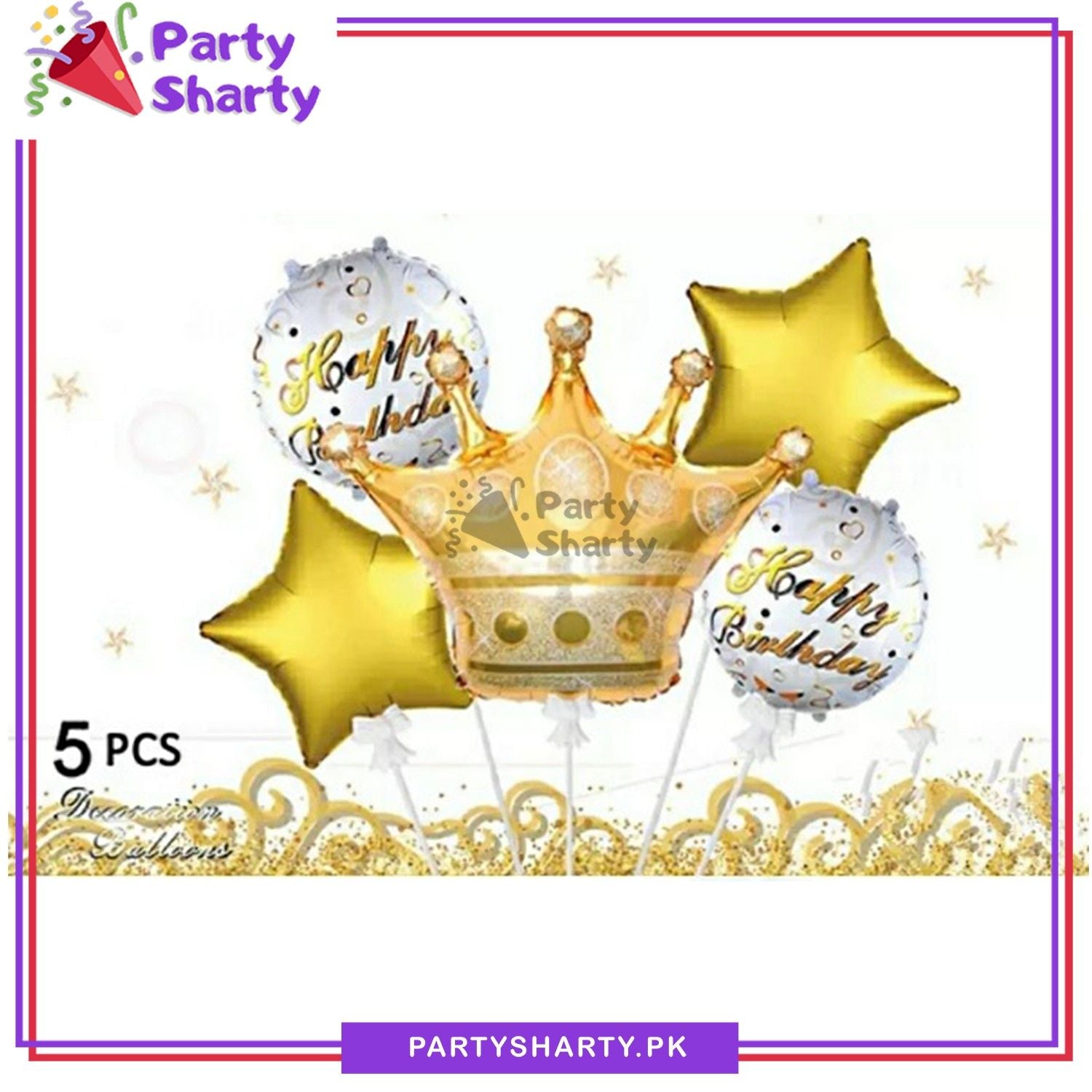 Large Golden Crown with 02 Round Shaped Happy Birthday & 02 Star Shaped Foil Balloon For Birthday Celebration