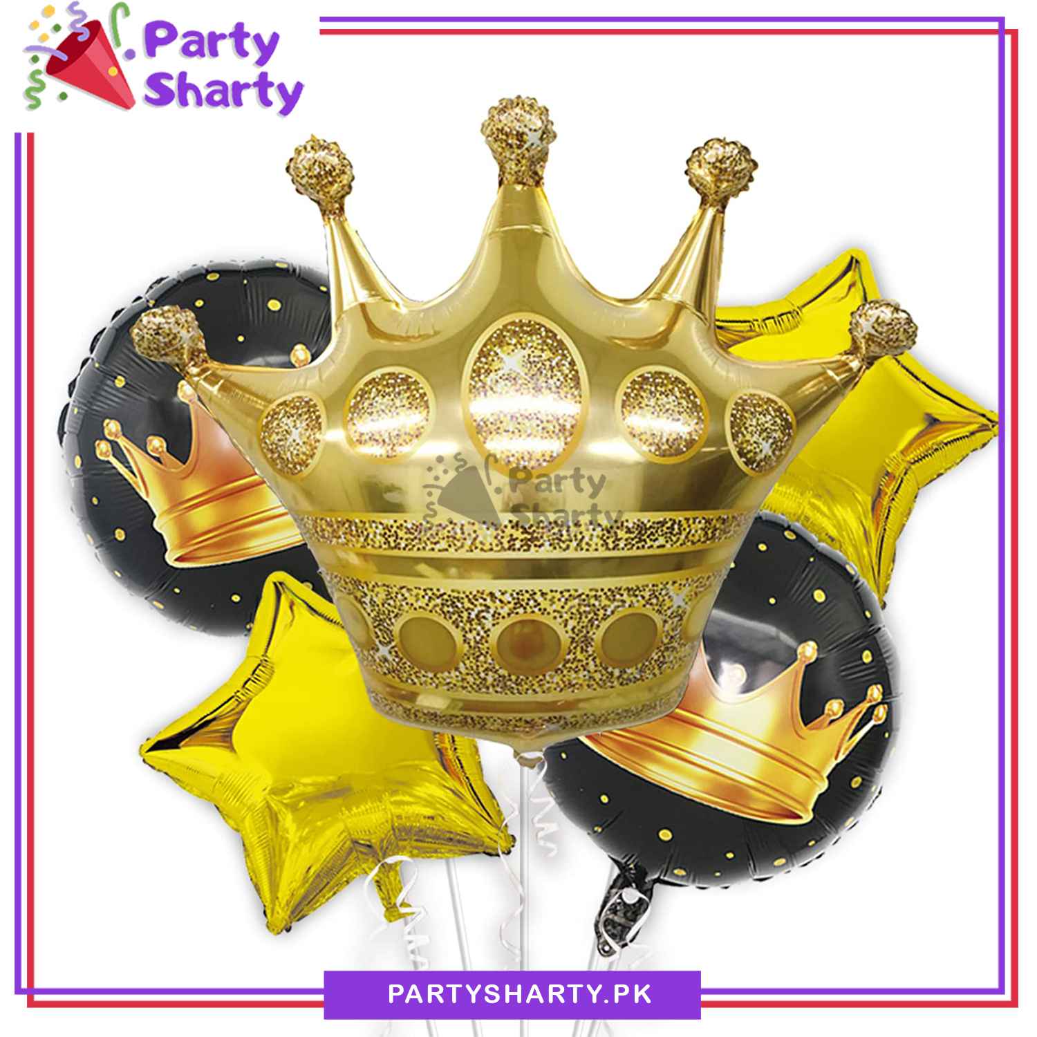 Large Golden Crown with 02 Star Shaped & 02 Crown Printed Round Shaped Foil Balloon For Birthday Celebration