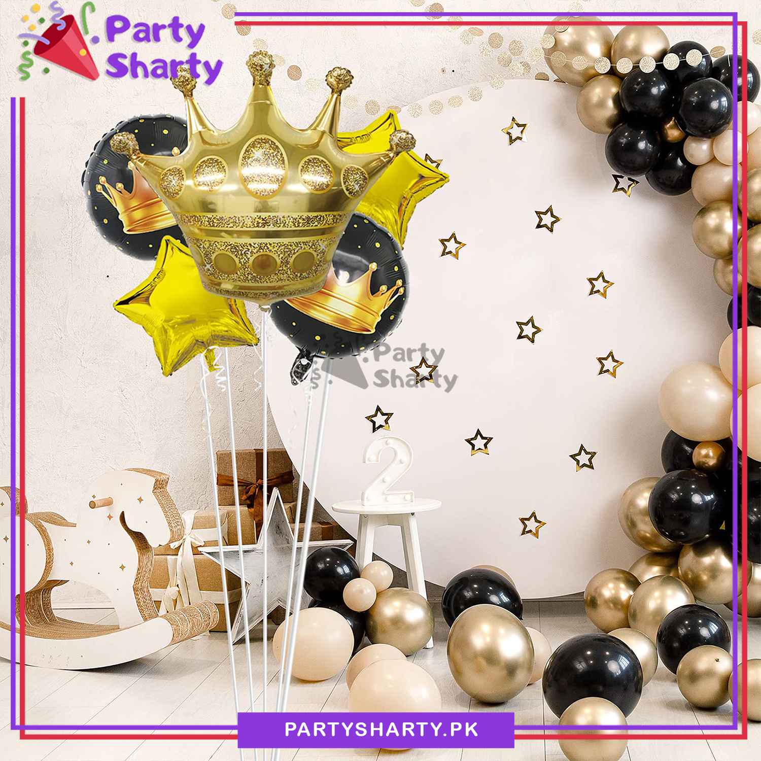 Large Golden Crown with 02 Star Shaped & 02 Crown Printed Round Shaped Foil Balloon For Birthday Celebration