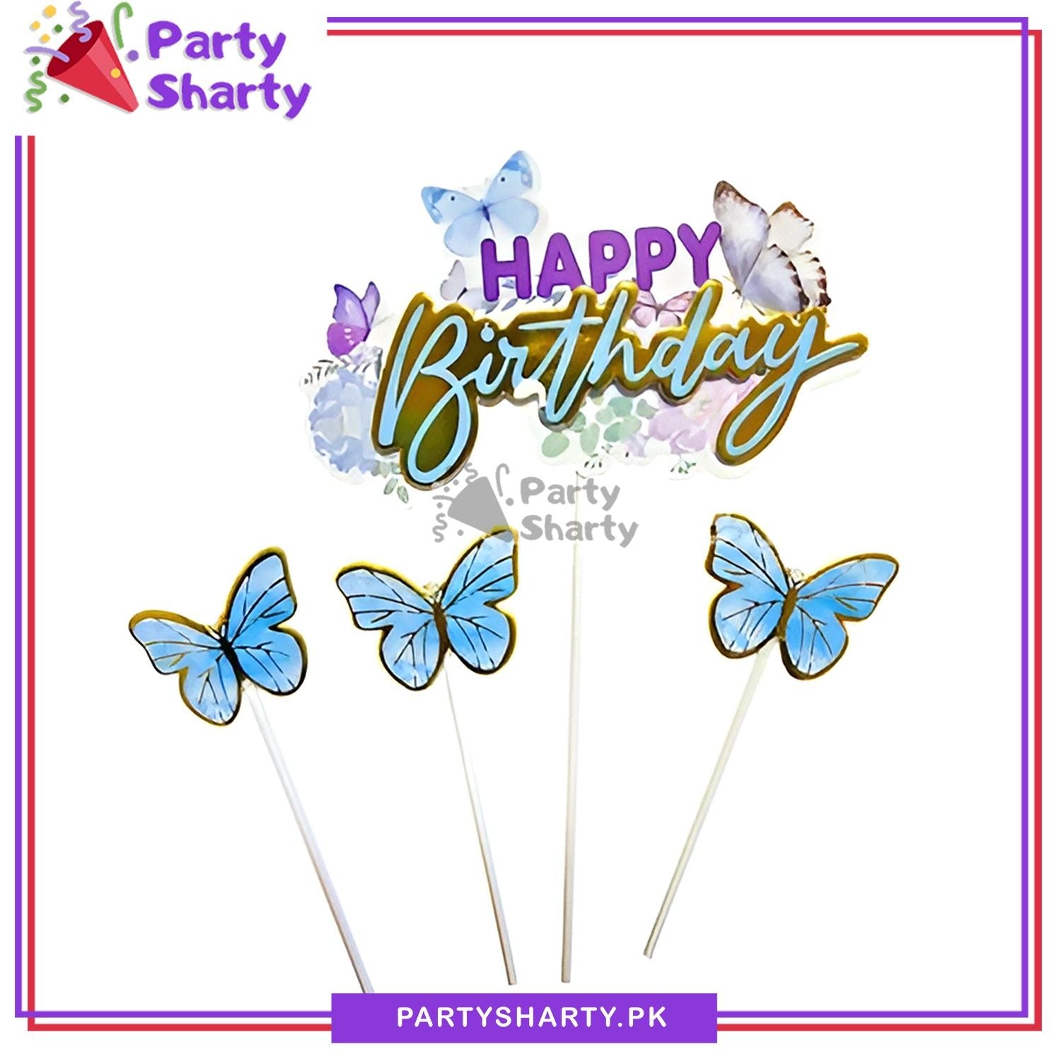 4pcs/set Blue with Golden Foil Print Butterfly Theme Happy Birthday Cake Toppers For Cake Decoration